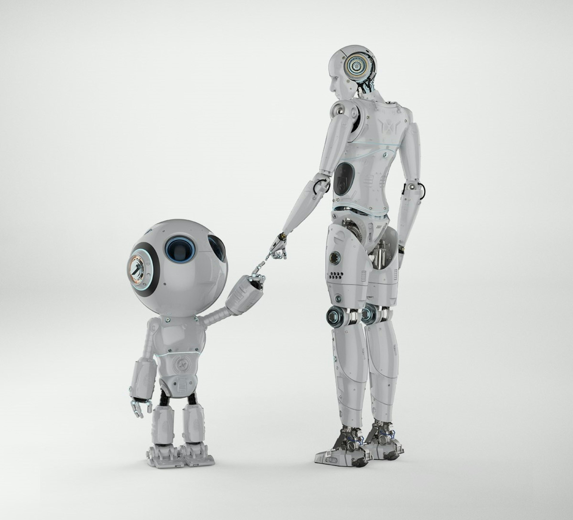 Zwei Roboter, die miteinander agieren als Anspielung auf die Technik der Zukunft.