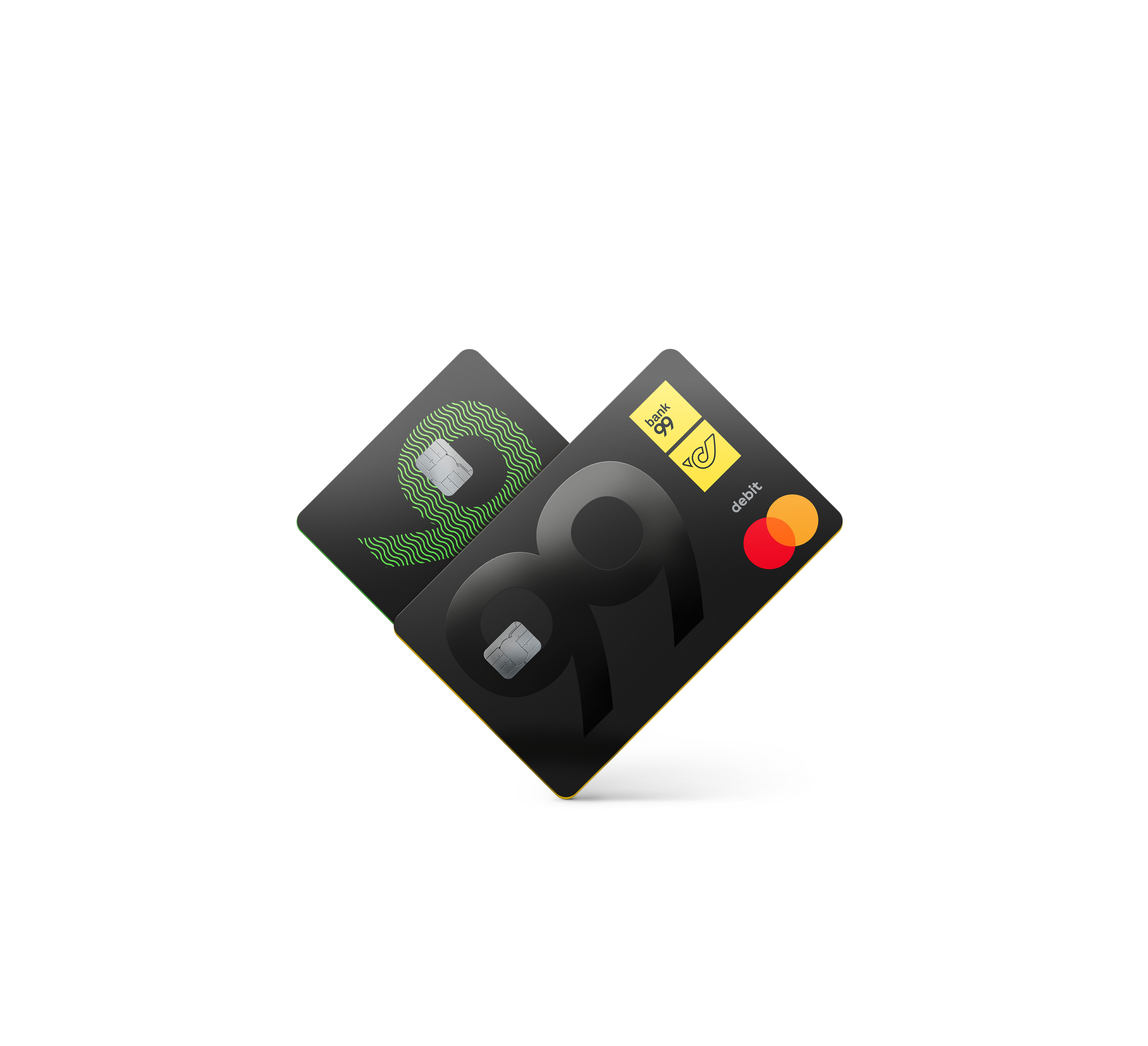 Zwei Bank99-Debitkarten mit Chip, eine schwarz mit grünem Muster, die andere schwarz mit gelbem Mastercard-Logo und Post-Logo.