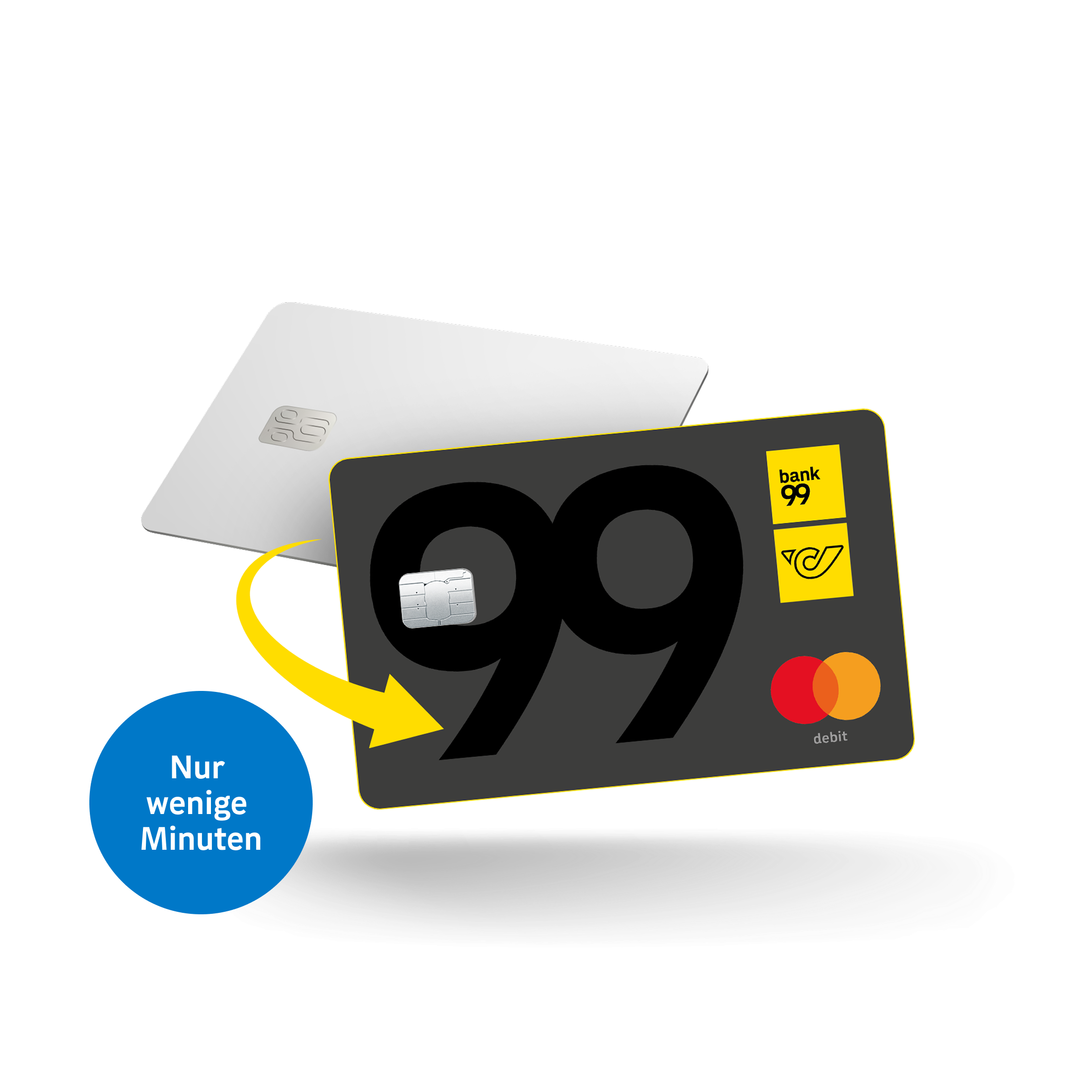 Ein Pfeil zeigt von der Bankomatkarte im Hintergrund auf die schwarze bank99 Bankomatkarte im Vordergrund und symbolisiert den Kontowechsel