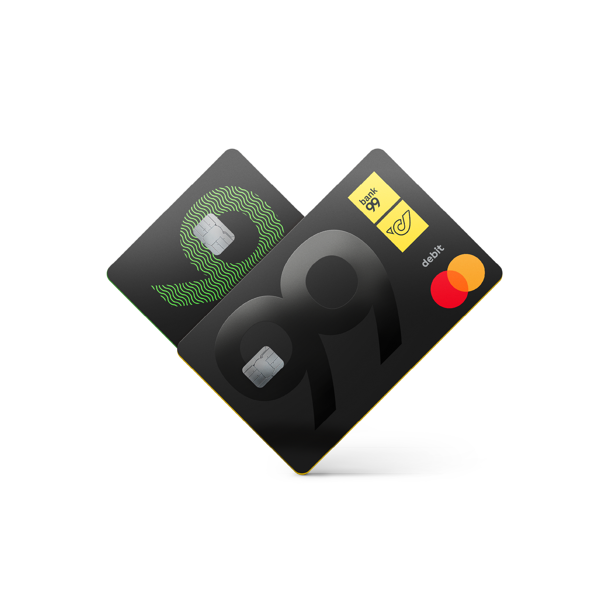 Zwei Bank99-Debitkarten mit Chip, eine schwarz mit grünem Muster, die andere schwarz mit gelbem Mastercard-Logo und Post-Logo.
