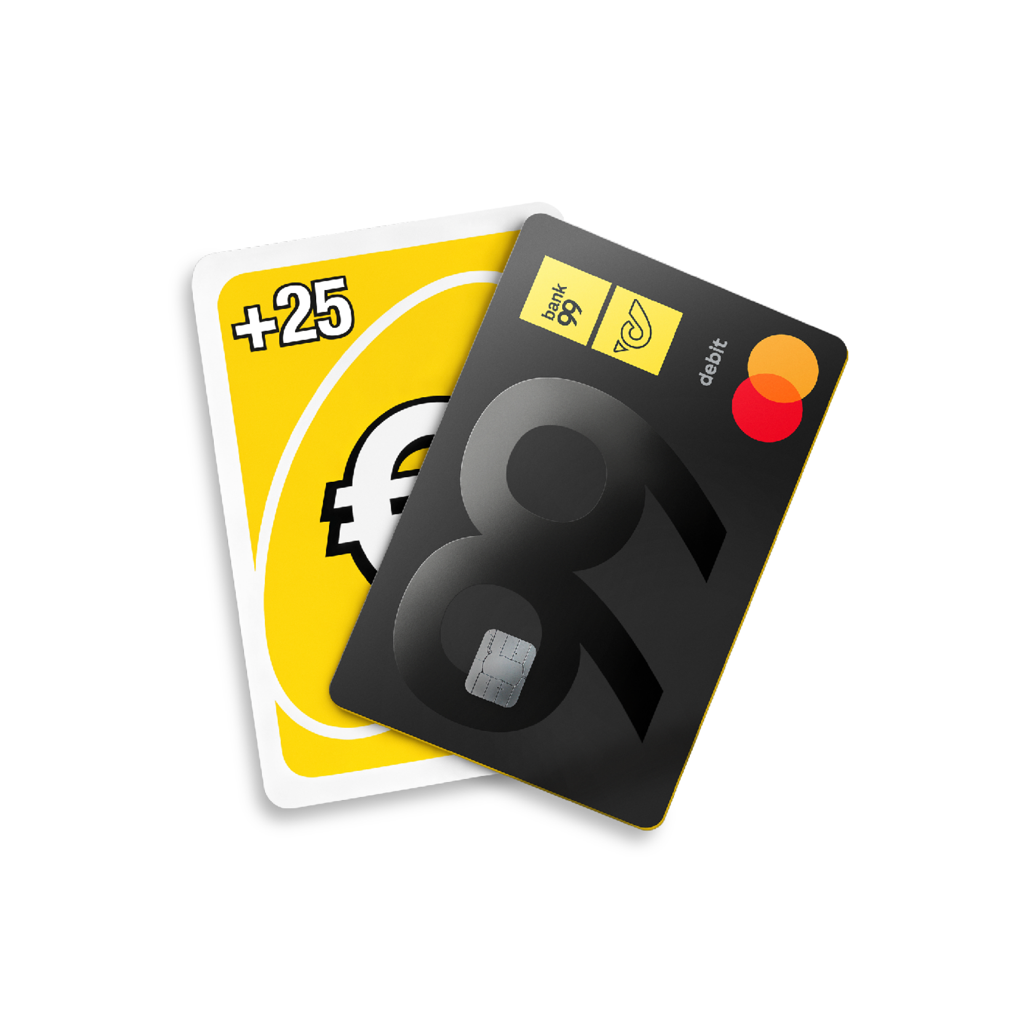 bank99 Debitkarte und gelbe Unokarte mit +25