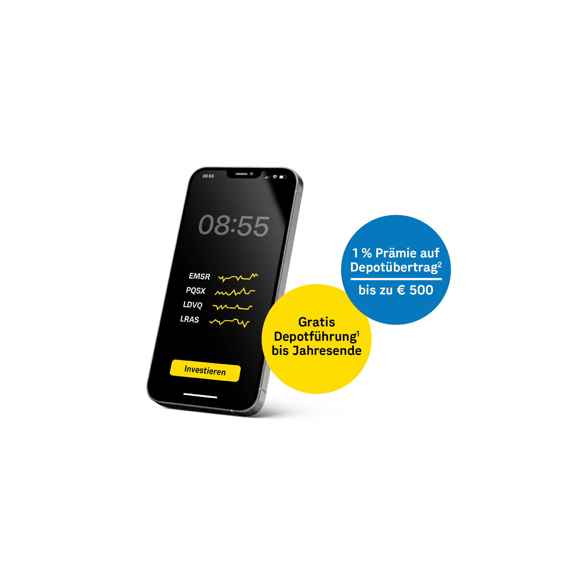 Smartphone-Display zeigt symbolische Kursverläufe des bank99 Depots.