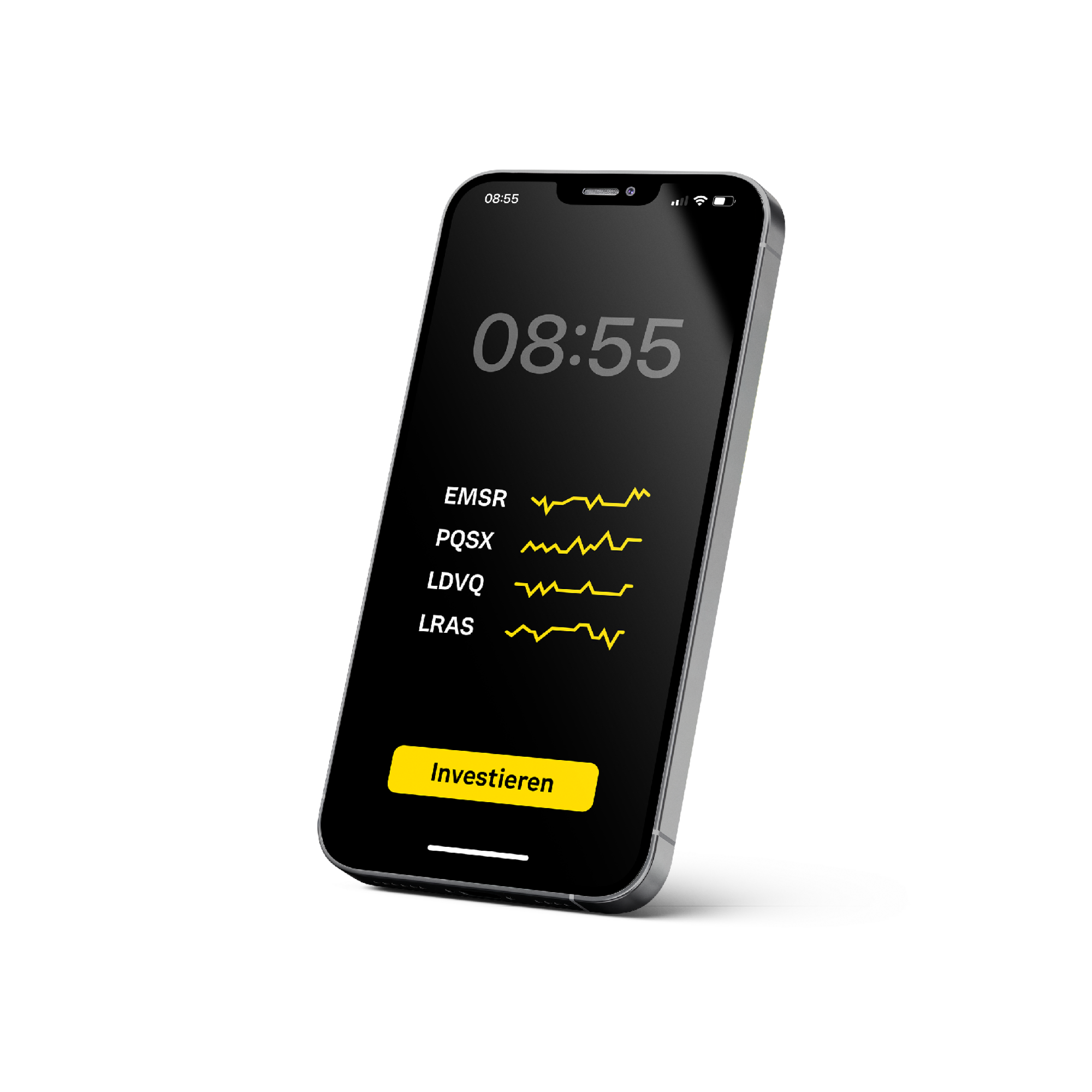 Schwarzes Smartphone mit Kursübersicht und gelbem Button „Investieren“.