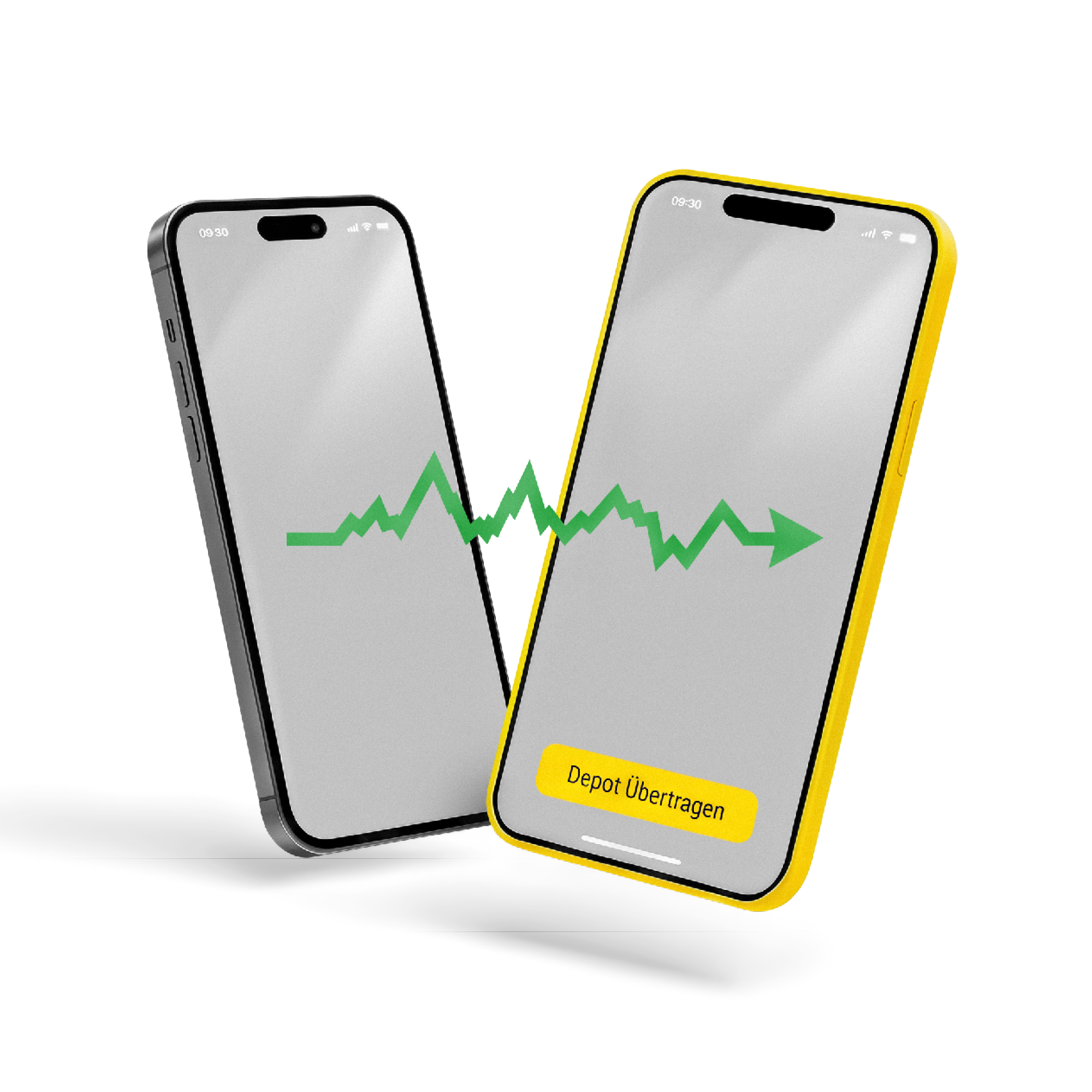 Zwei Smartphones mit grünem Kursverlauf und gelbem Button „Depot übertragen“.