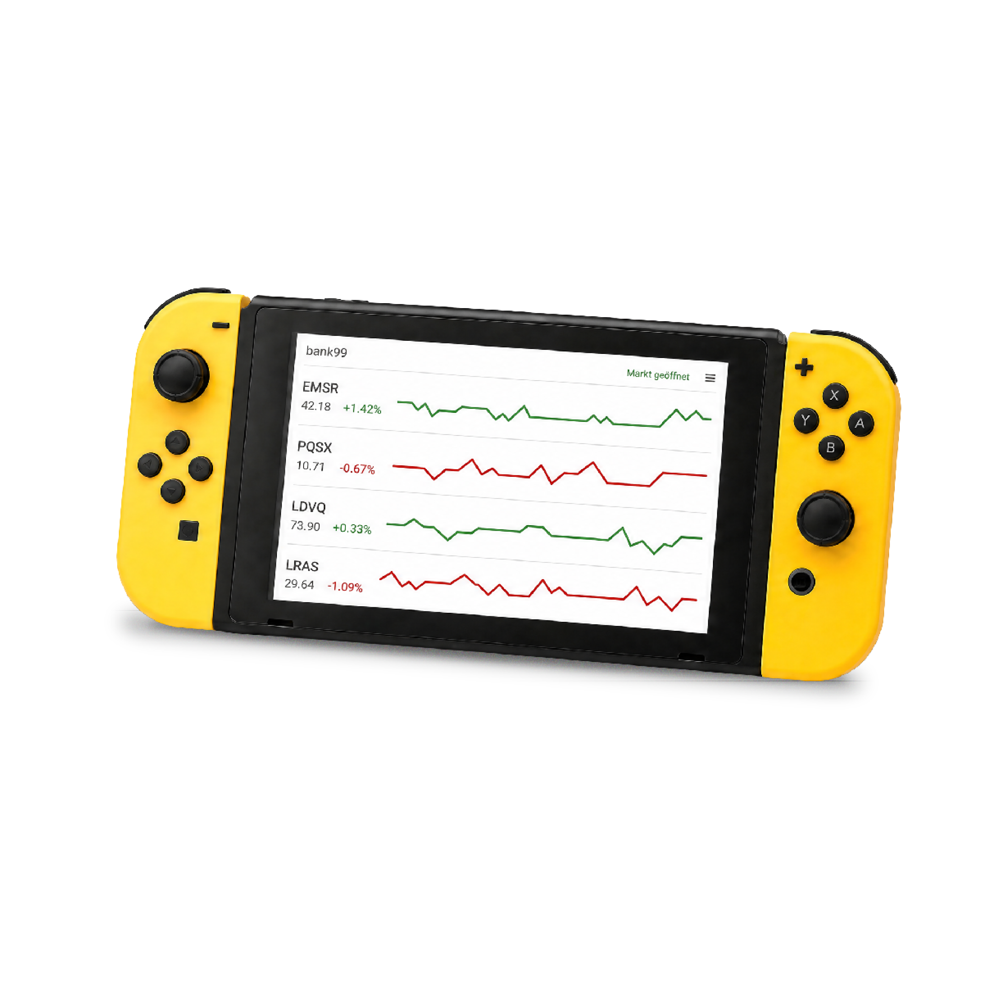 Handheld-Konsole mit Display und mehreren farbigen Kursverläufen.