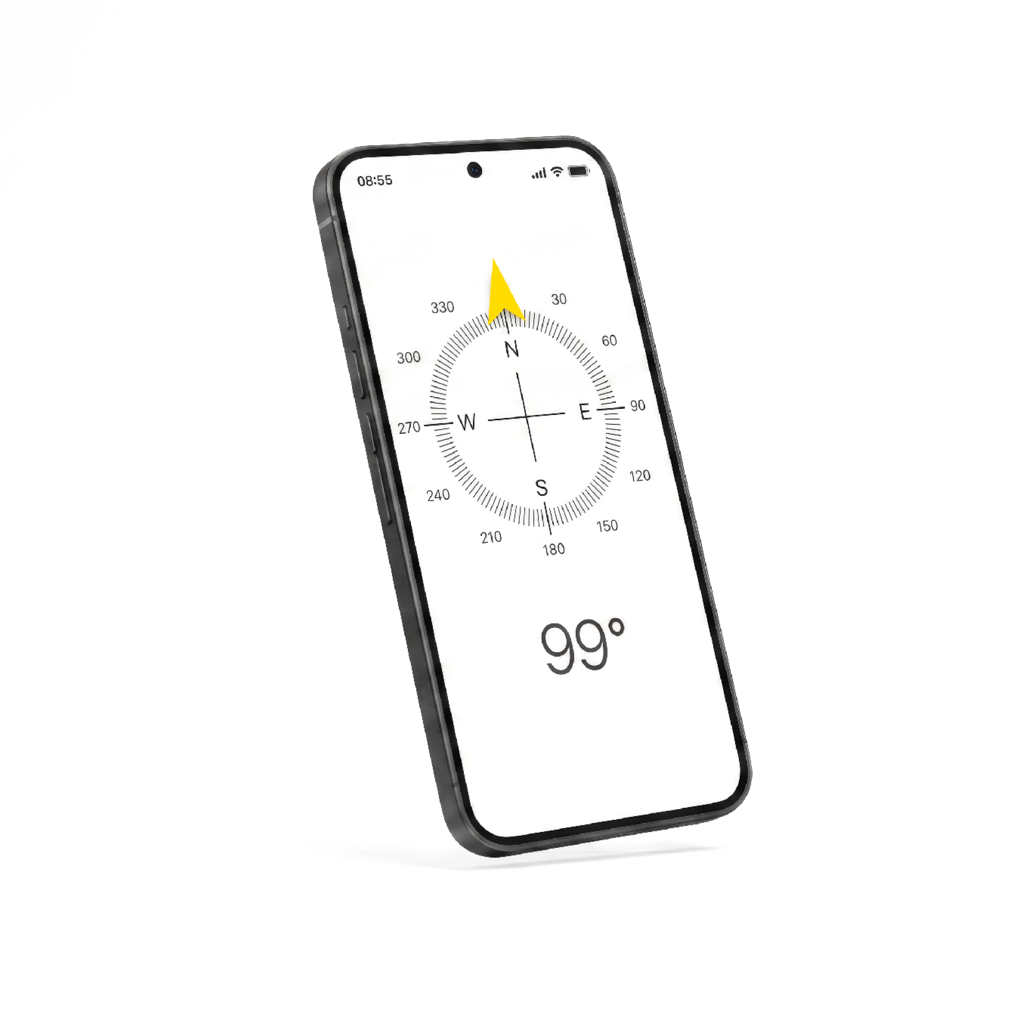 Smartphone mit Kompassgrafik und schwarzer Zahl „99“ auf weißem Bildschirm.