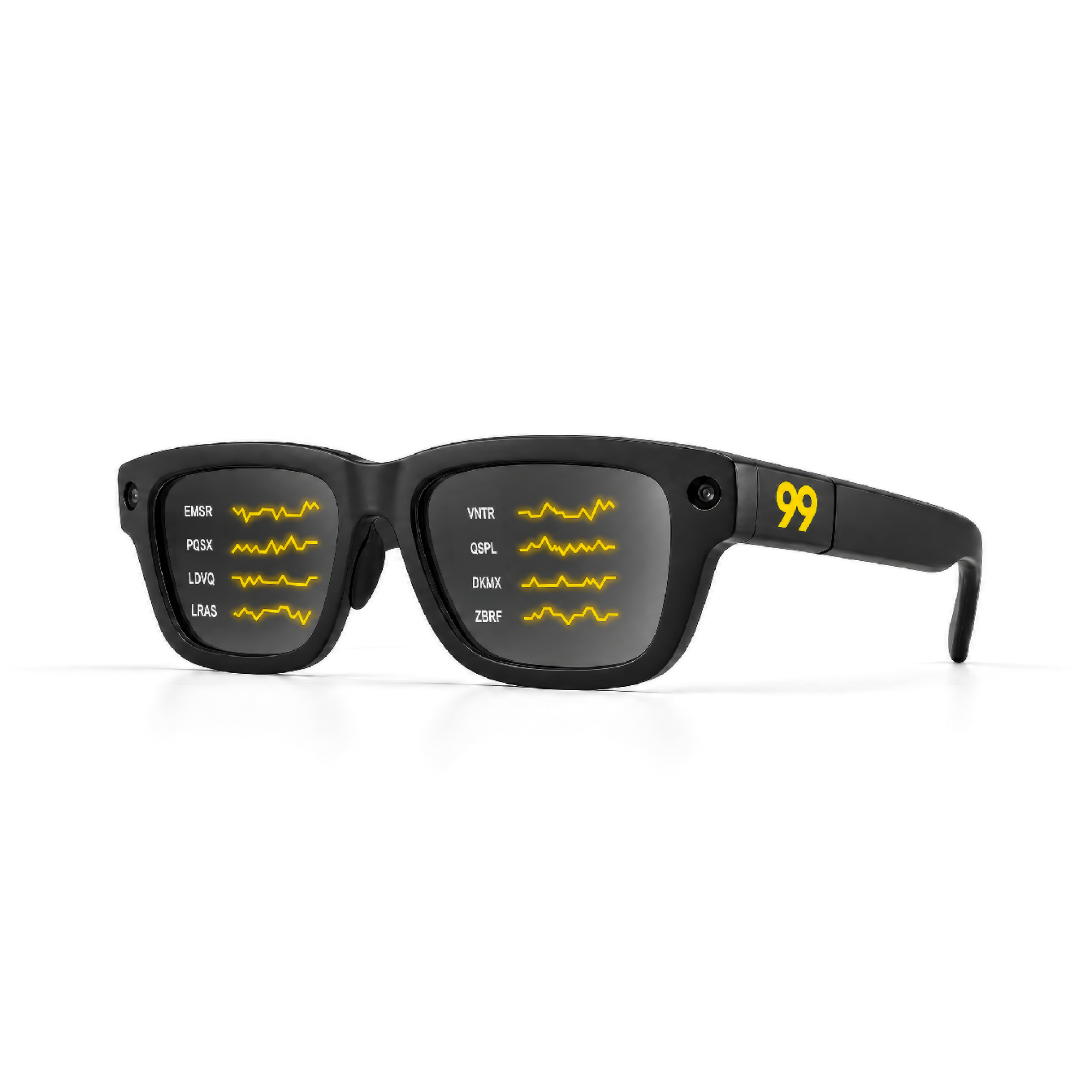 Schwarze Smart-Brille mit eingeblendeten Börsenkursen auf beiden Gläsern.
