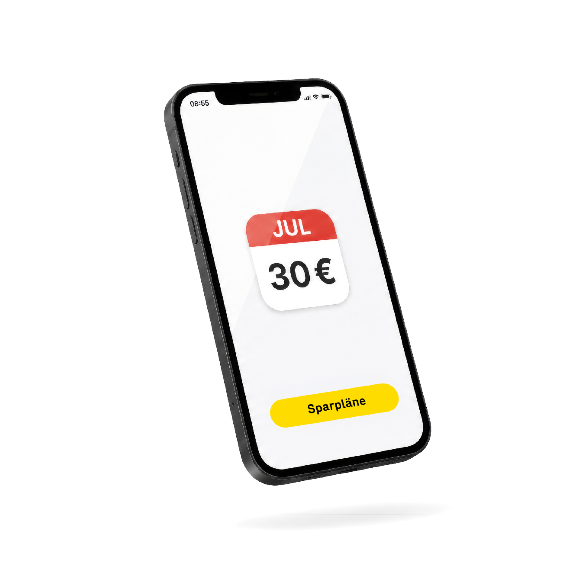 Smartphone mit Kalenderblatt „30 €“ und gelbem Button „Sparplan“.