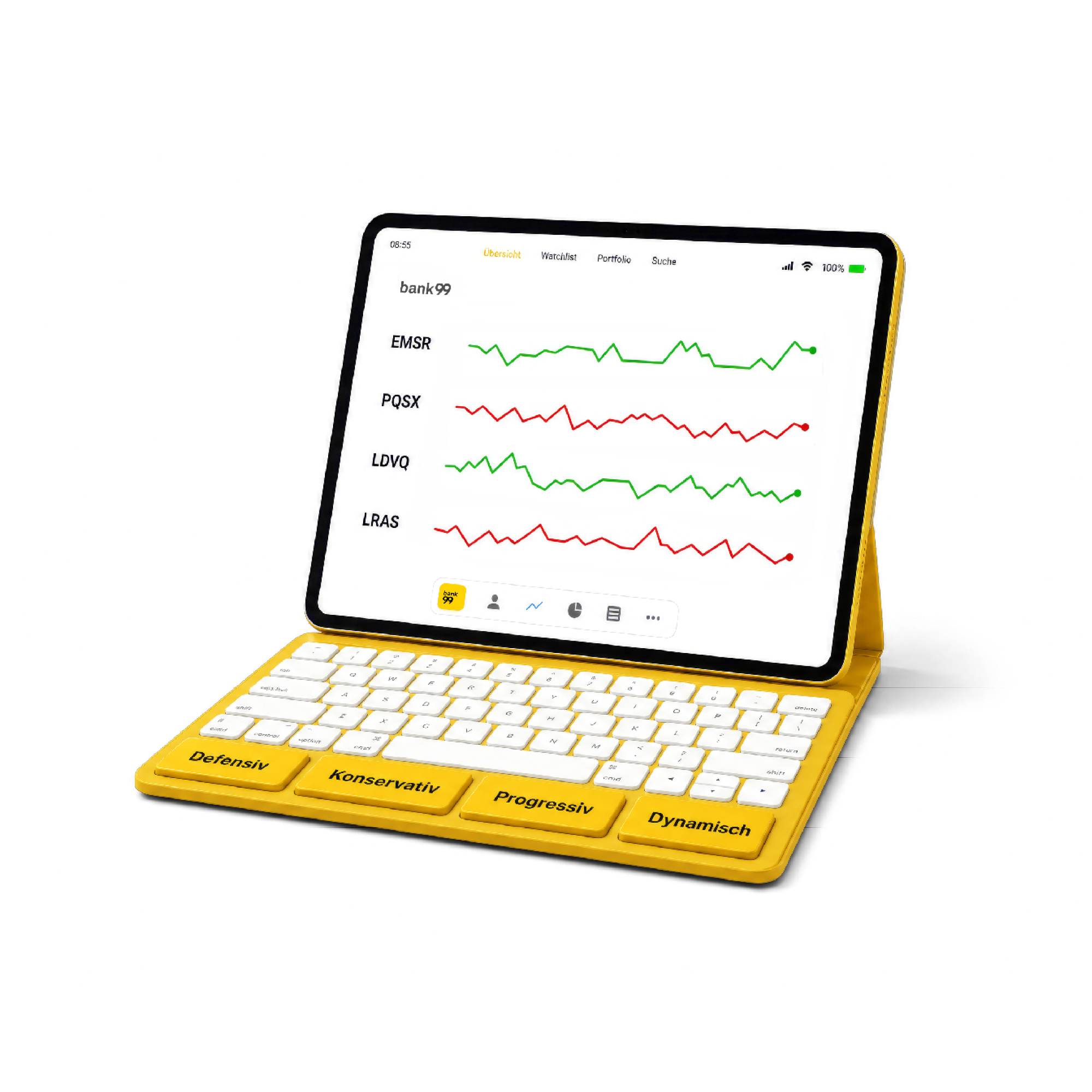 Laptop mit Kursdiagrammen und gelben Bedienelementen auf der Tastatur.