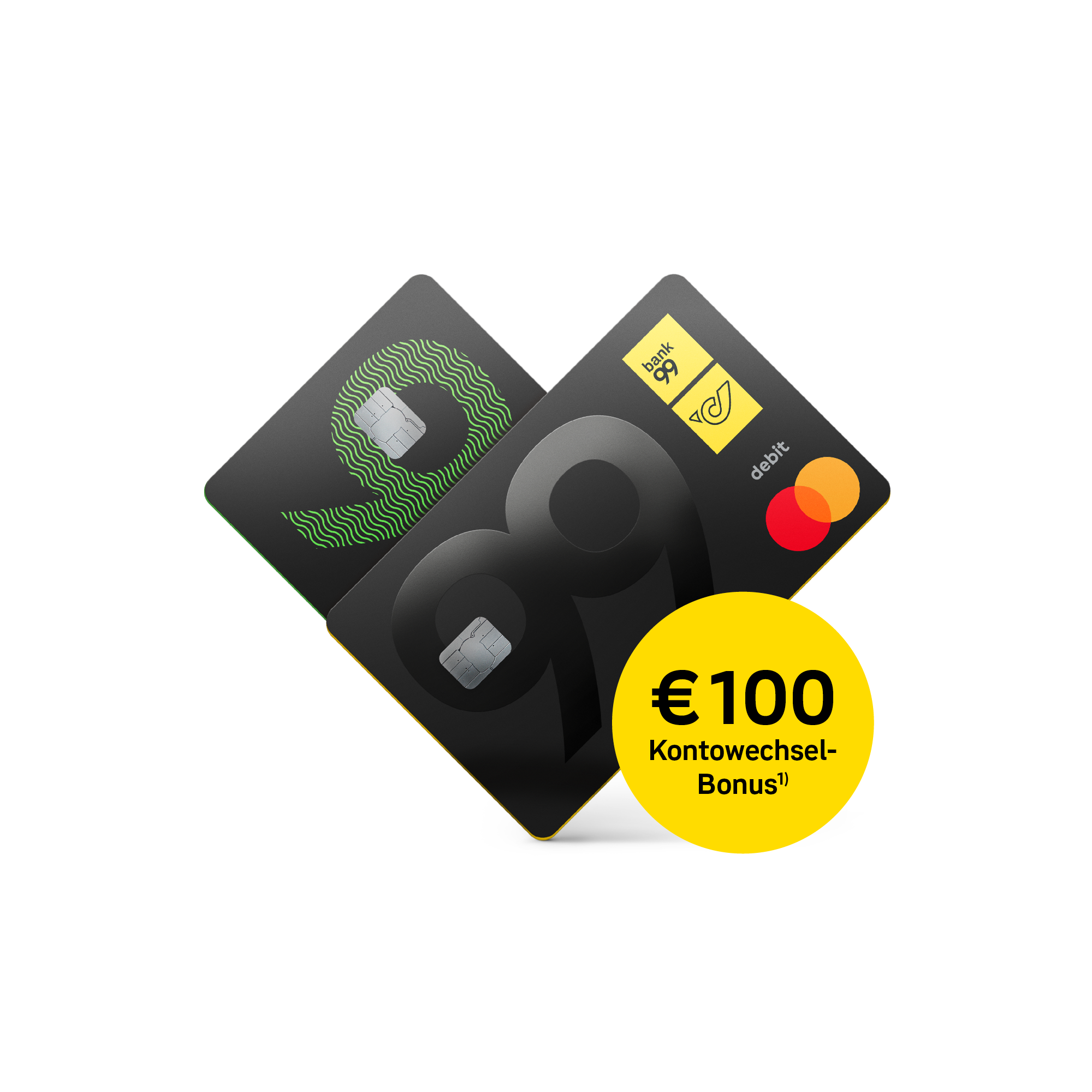 zwei bank99 debitkarten in form eines herzes mit € 100 kontowechselbonus