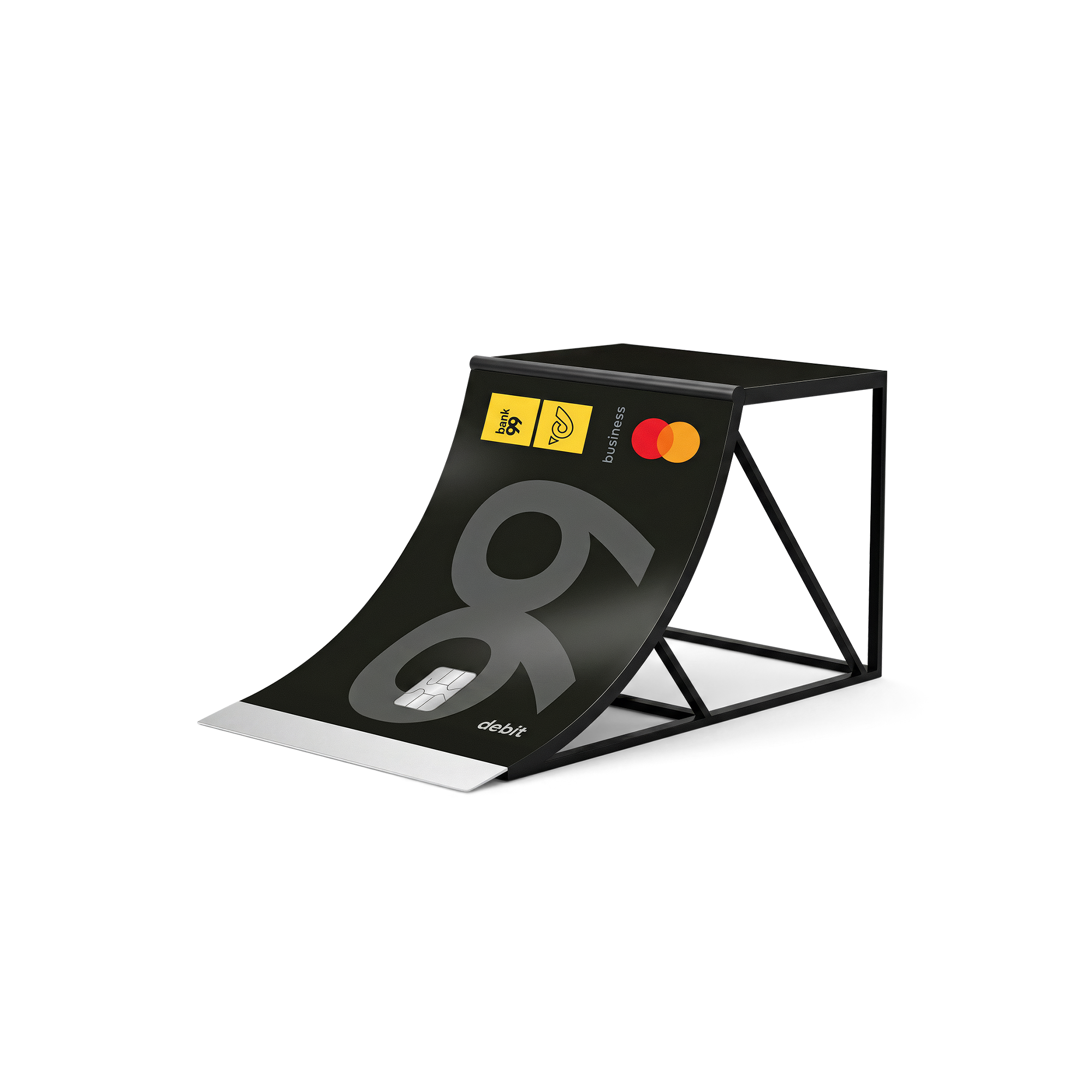 Schwarze bank99 Business Debitkarte mit Chip und Mastercard Logo, dargestellt als Rampe auf einer schwarzen Metallkonstruktion.