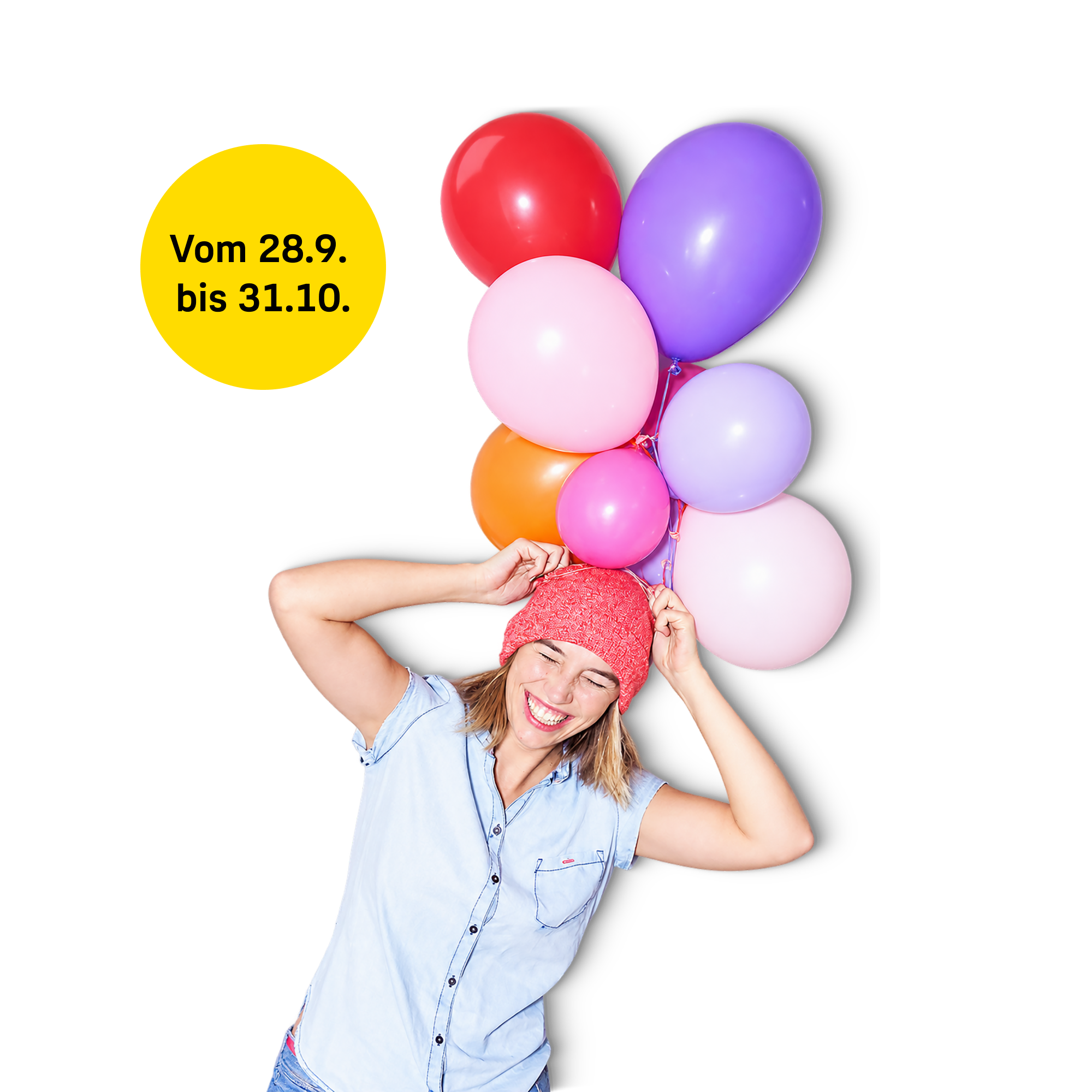 Person mit bunten Luftballons und Hinweis auf Beratungstage im Zeitraum vom 28. September bis 31. Oktober.