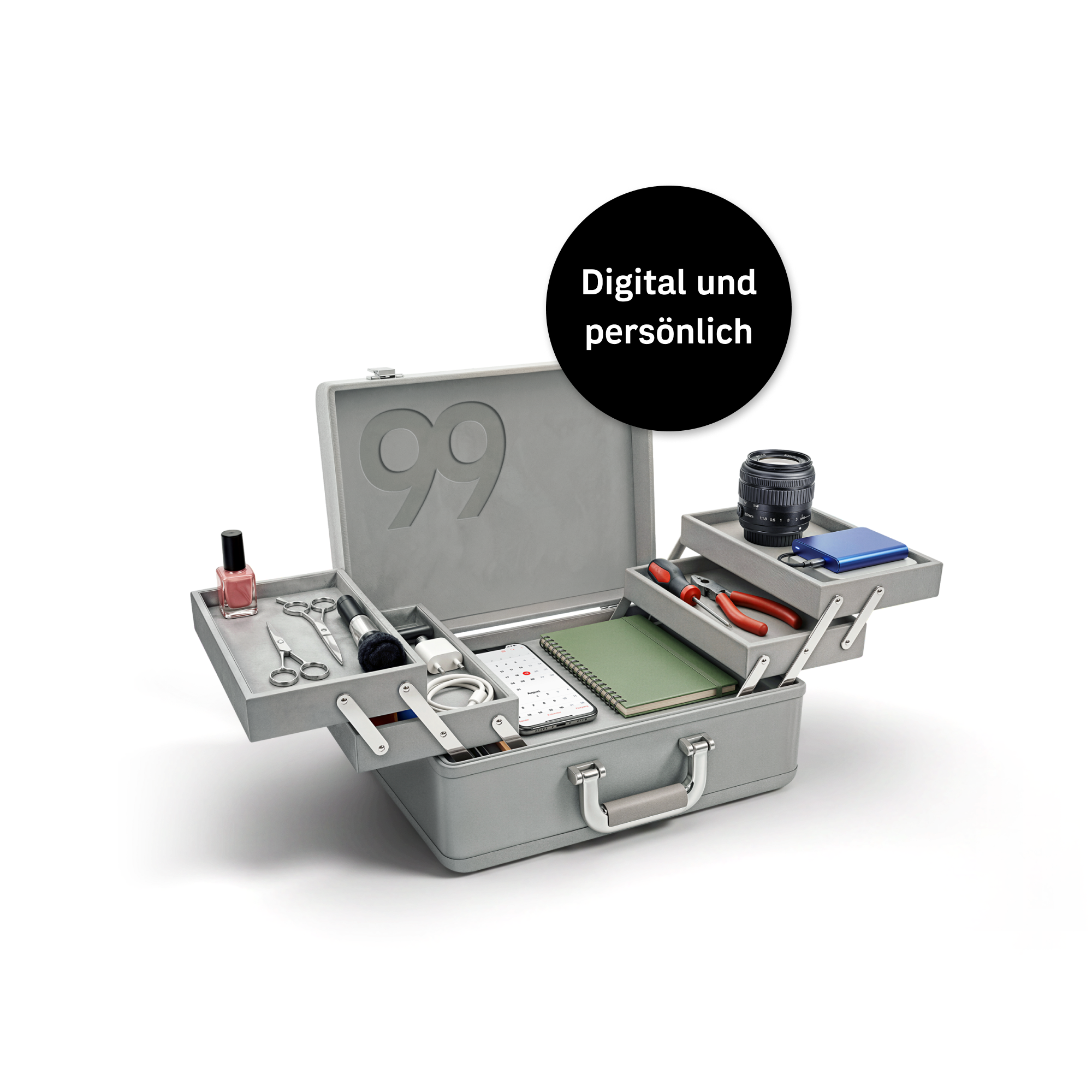 Geöffneter Werkzeugkoffer mit bank99 Logo, Notizbuch und Werkzeugen sowie Text „Digital und persönlich“