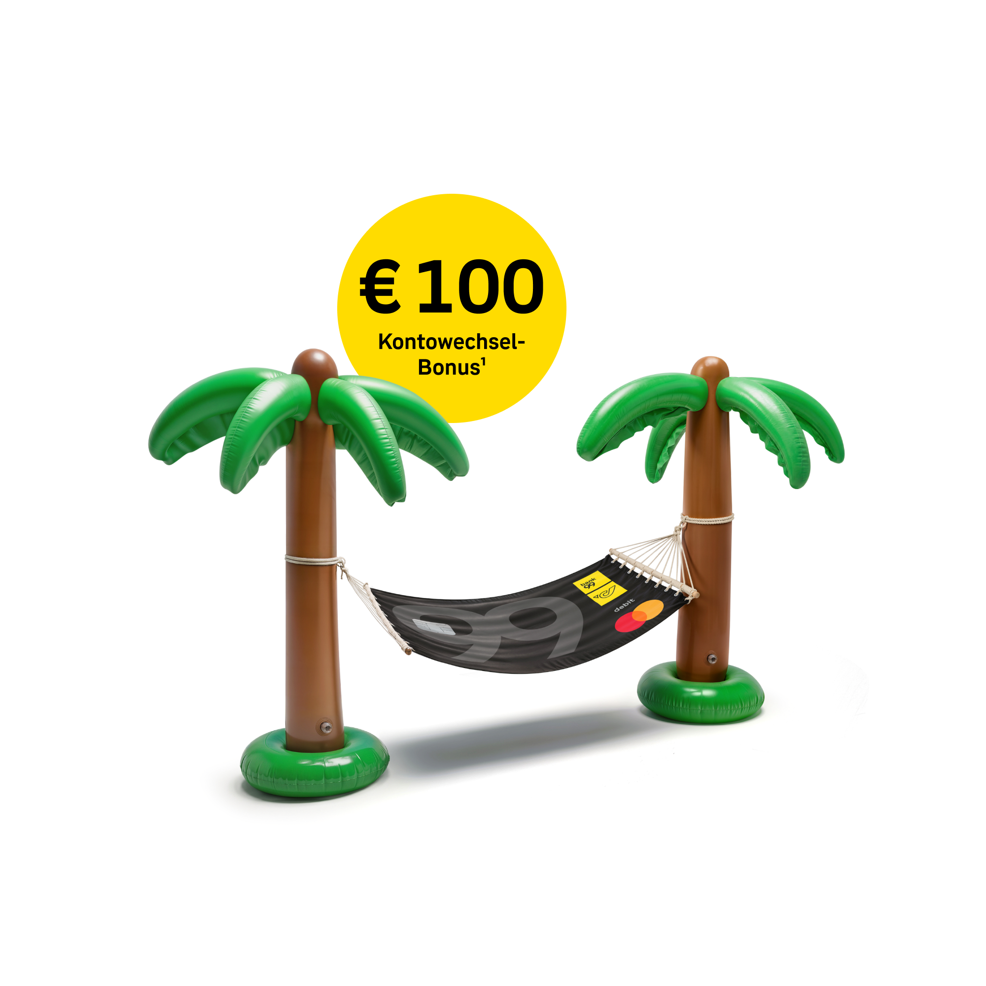 Aufblasbare Palme mit Hängematte in Form einer Kreditkarte und gelbem Kreis mit Text '€ 100 Kontowechsel-Bonus'
