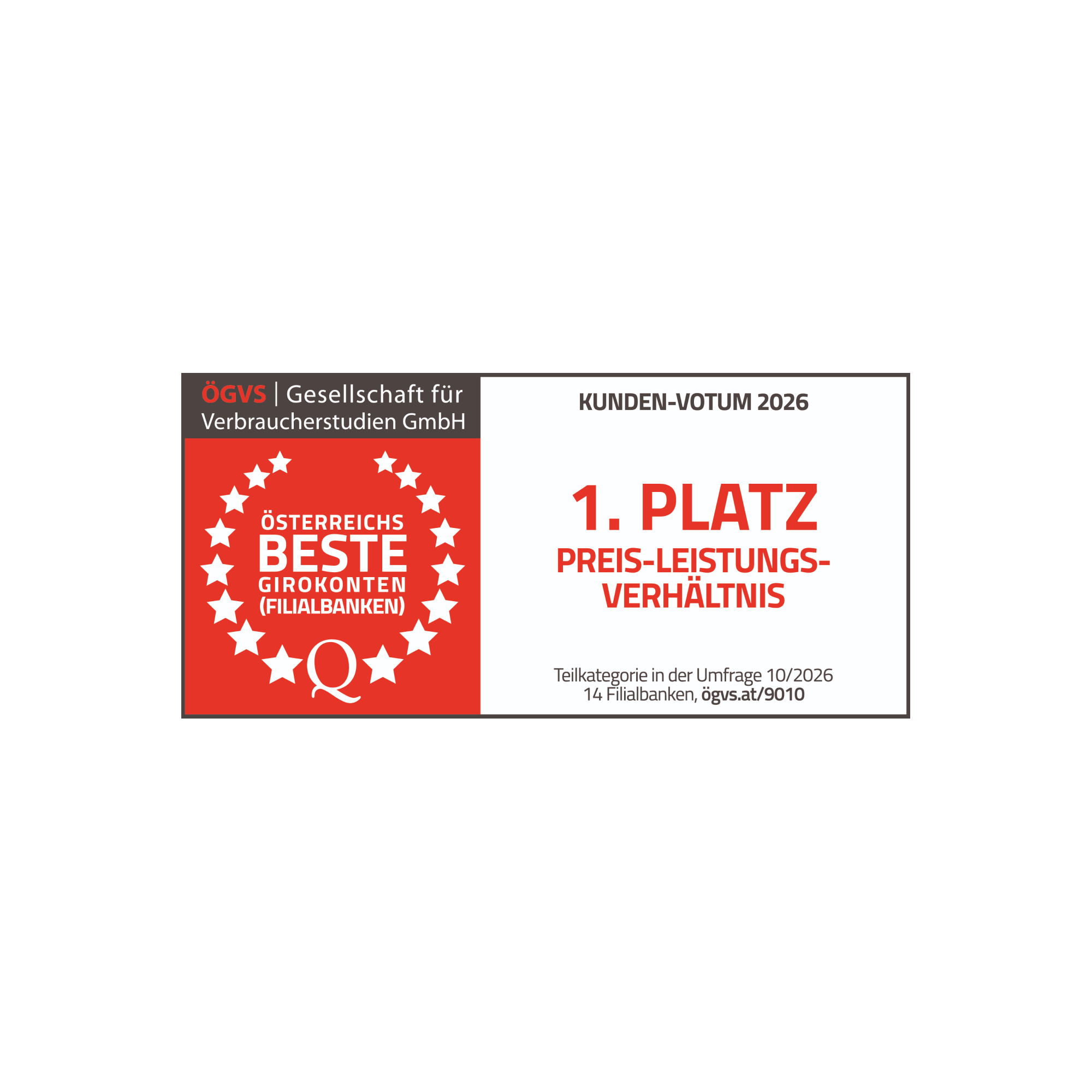 ÖGVS Siegel: Die Bank99 sichert sich den 1. Platz in der Kategorie Preis-Leistungs-Verhältnis.