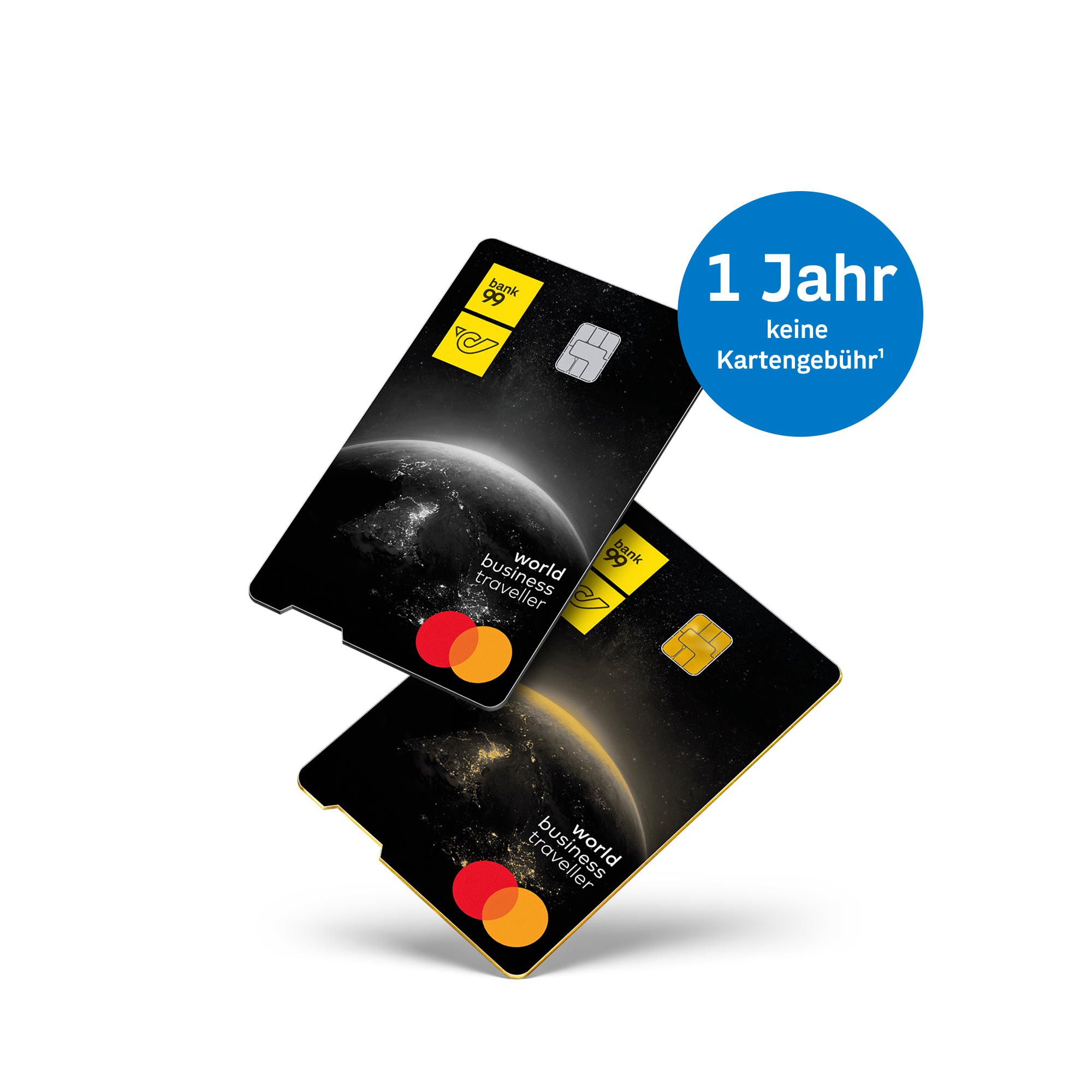 Zwei bank99 Kreditkarten „World Business Traveller“ von Mastercard mit Text "1 Jahr keine Kreditkartengebühr"