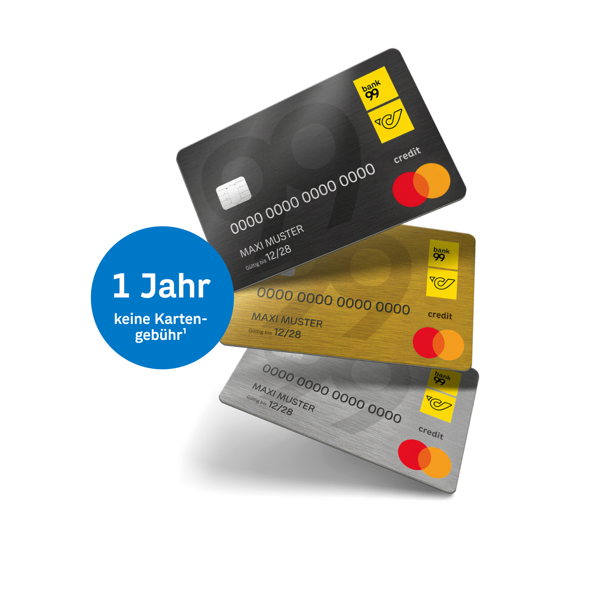 Drei Kreditkarten in verschiedenen Farben mit Hinweis auf ein Jahr ohne Kartengebühr.
