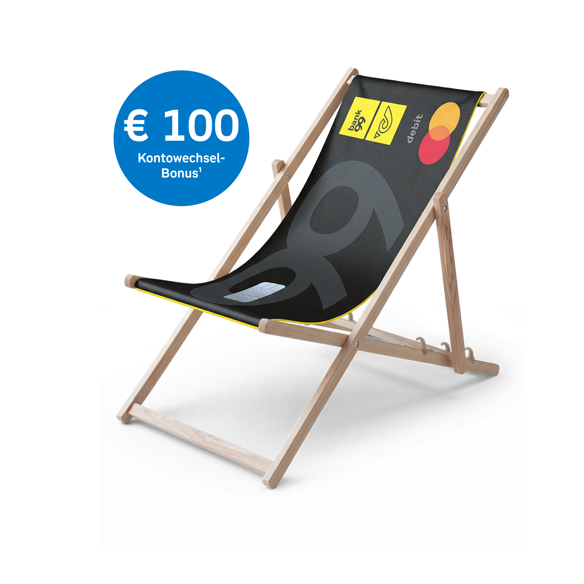 Liegestuhl mit bank99 Debitkarte als Sitzfläche und 100 Euro Kontowechselbonus