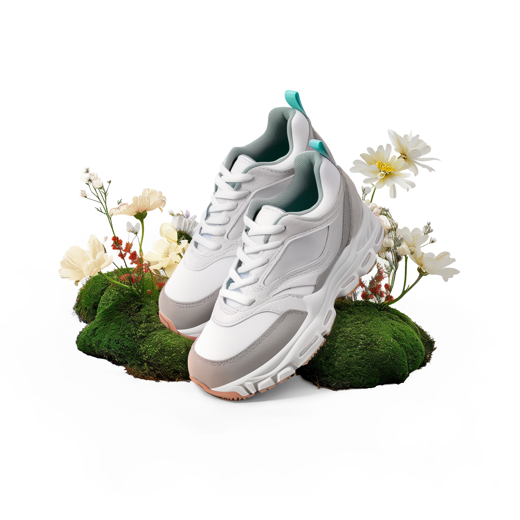 Die Sportschuhe auf Moos mit Blumen symbolisieren die Depoteröffnung und den Beginn einer neuen finanziellen Reise