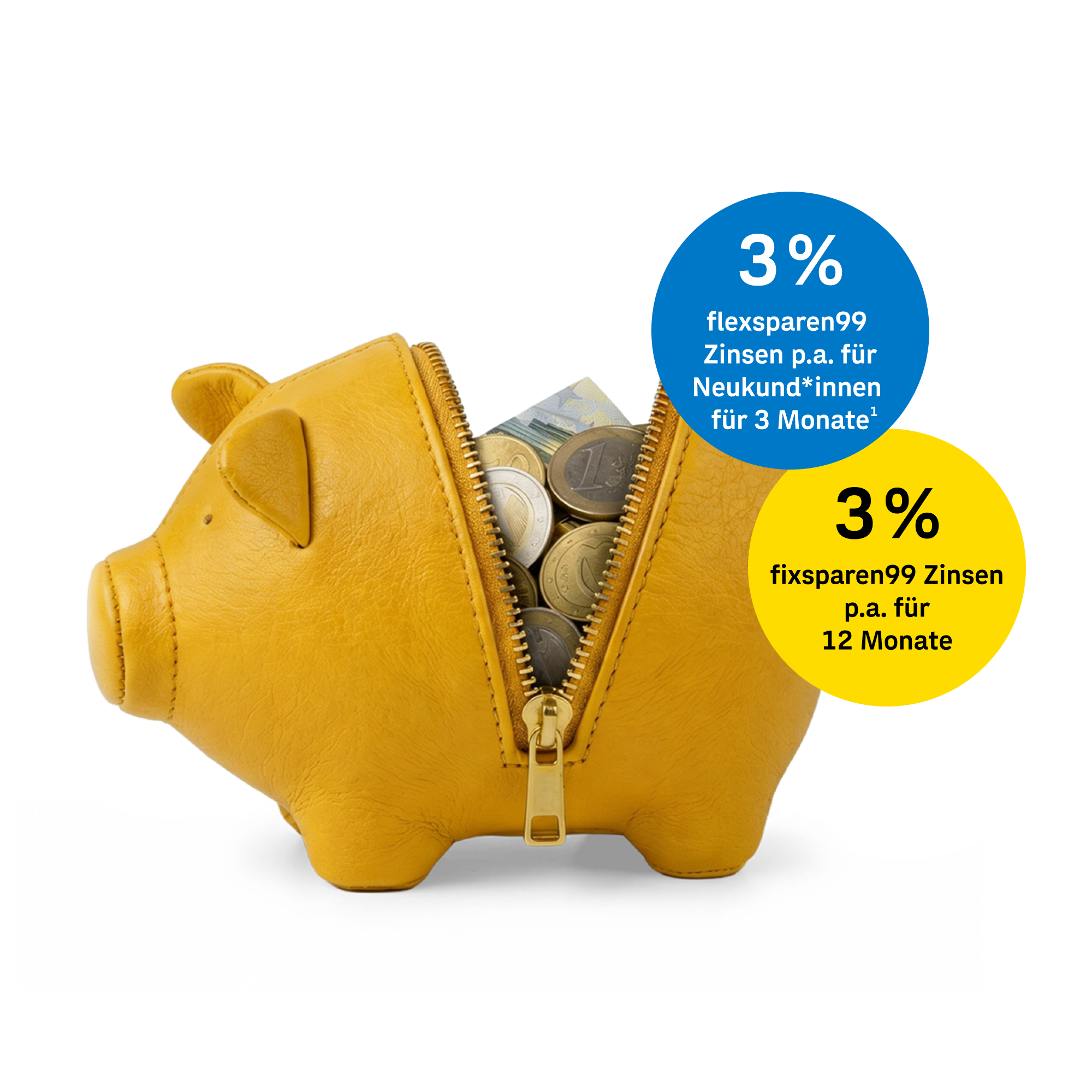 Gelbes Sparschwein mit Reißverschluss und Münzen. Angebot: flexsparen99 mit 3 % Zinsen p.a. für Neukund*innen für 3 Monate sowie fixsparen99 mit 3 % Zinsen p.a. für 12 Monate.