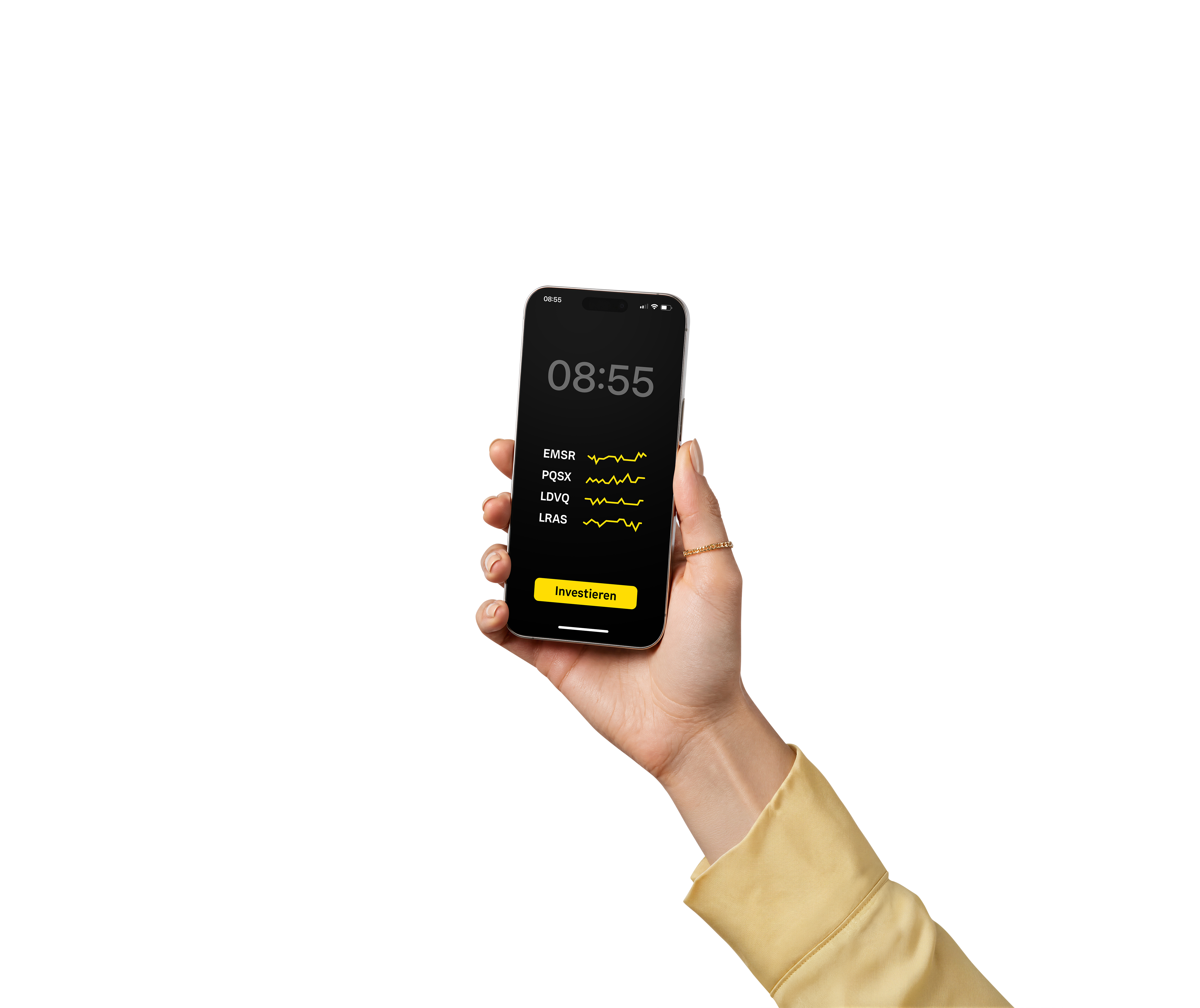 Schwarzes Smartphone mit Kursübersicht und gelbem Button „Investieren“.