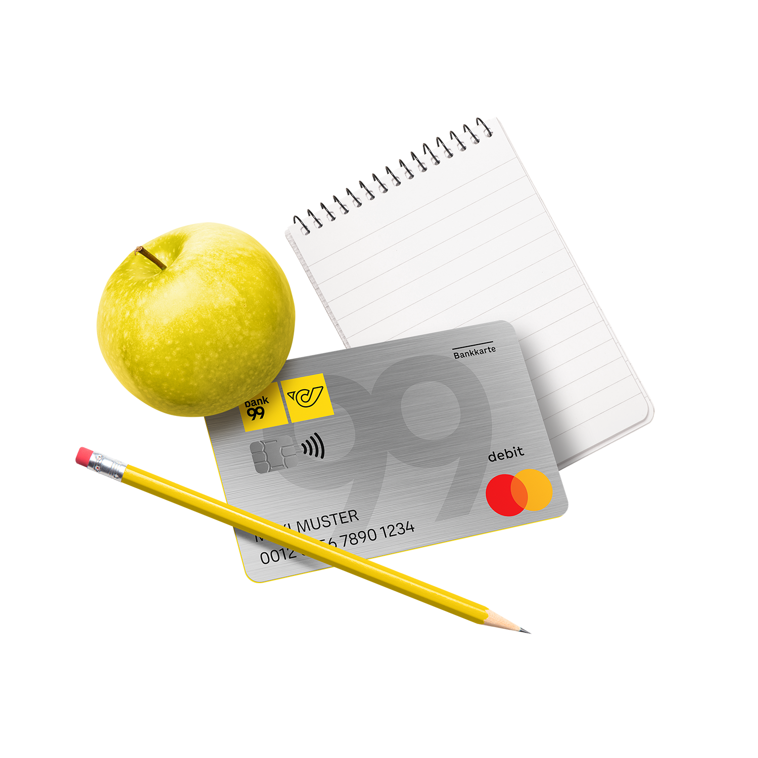 Ein Block mit Stift, ein gelber Apfel und eine Bankomatkarte der Bank99 – als Symbol für das bildungskonto99.