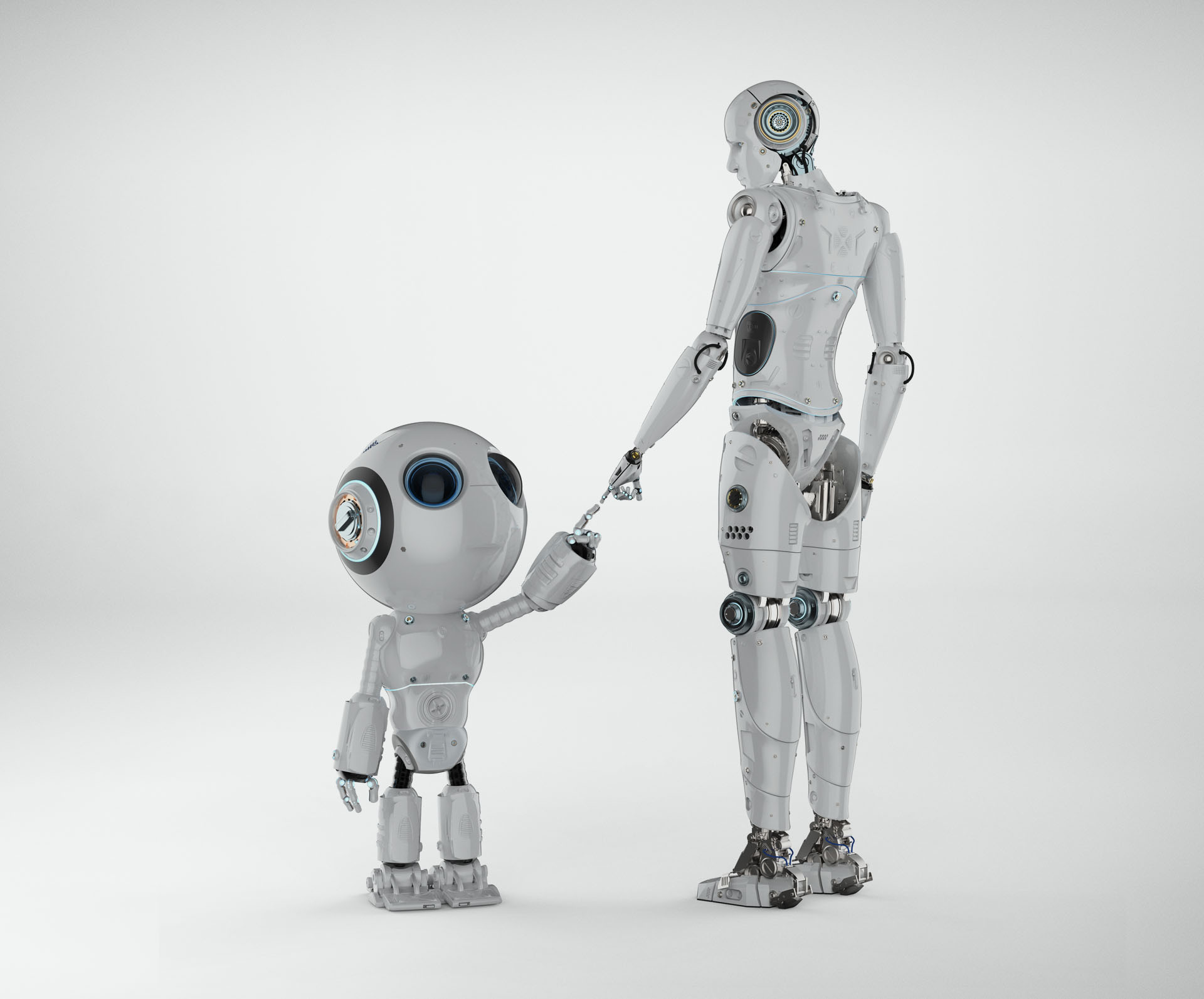 Zwei Roboter, die miteinander agieren als Anspielung auf die Technik der Zukunft.