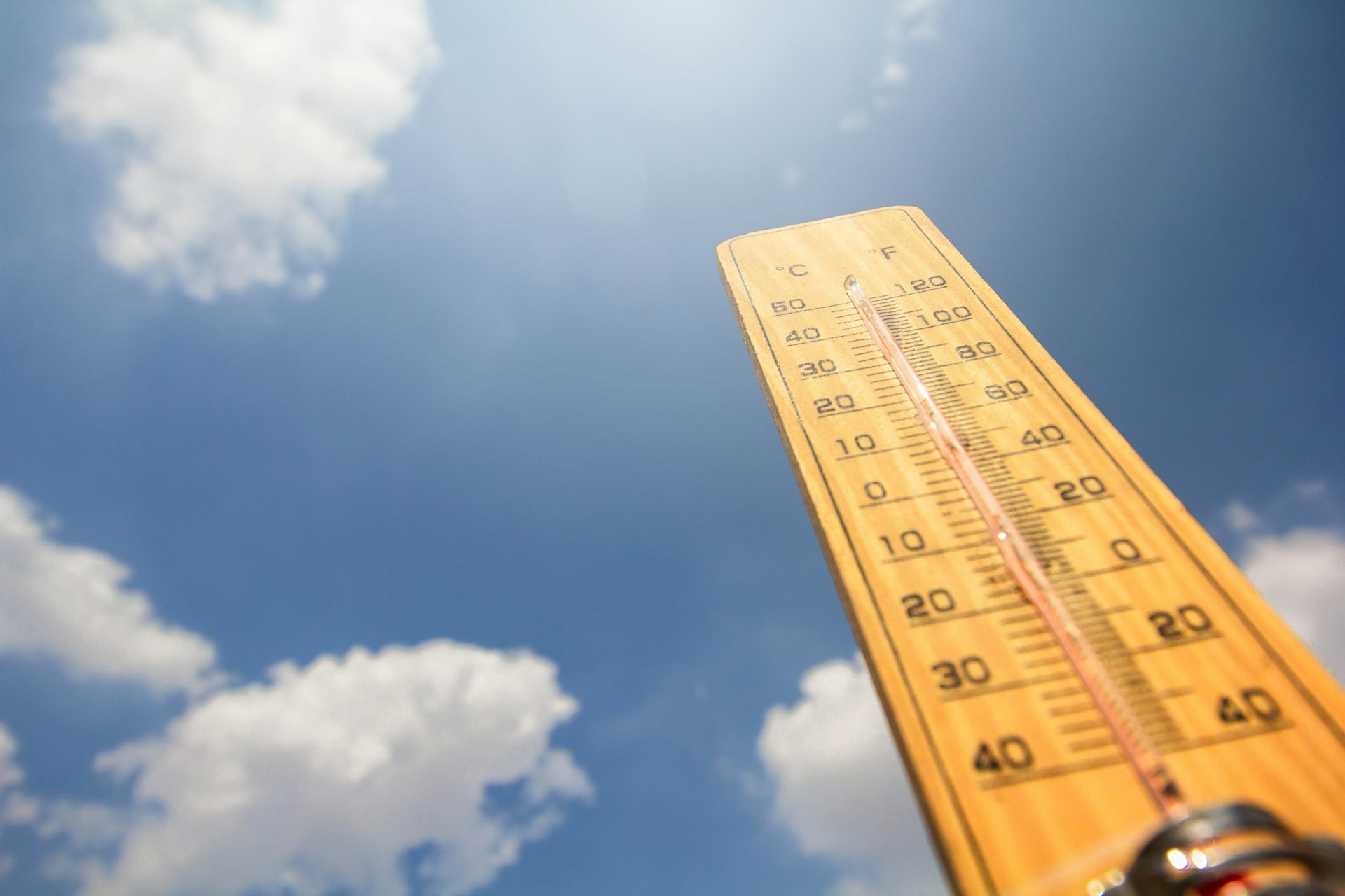 Ein Thermometer zeigt fast 50 Grad in der Sonne an - symbolisiert die Hitze im Sommer