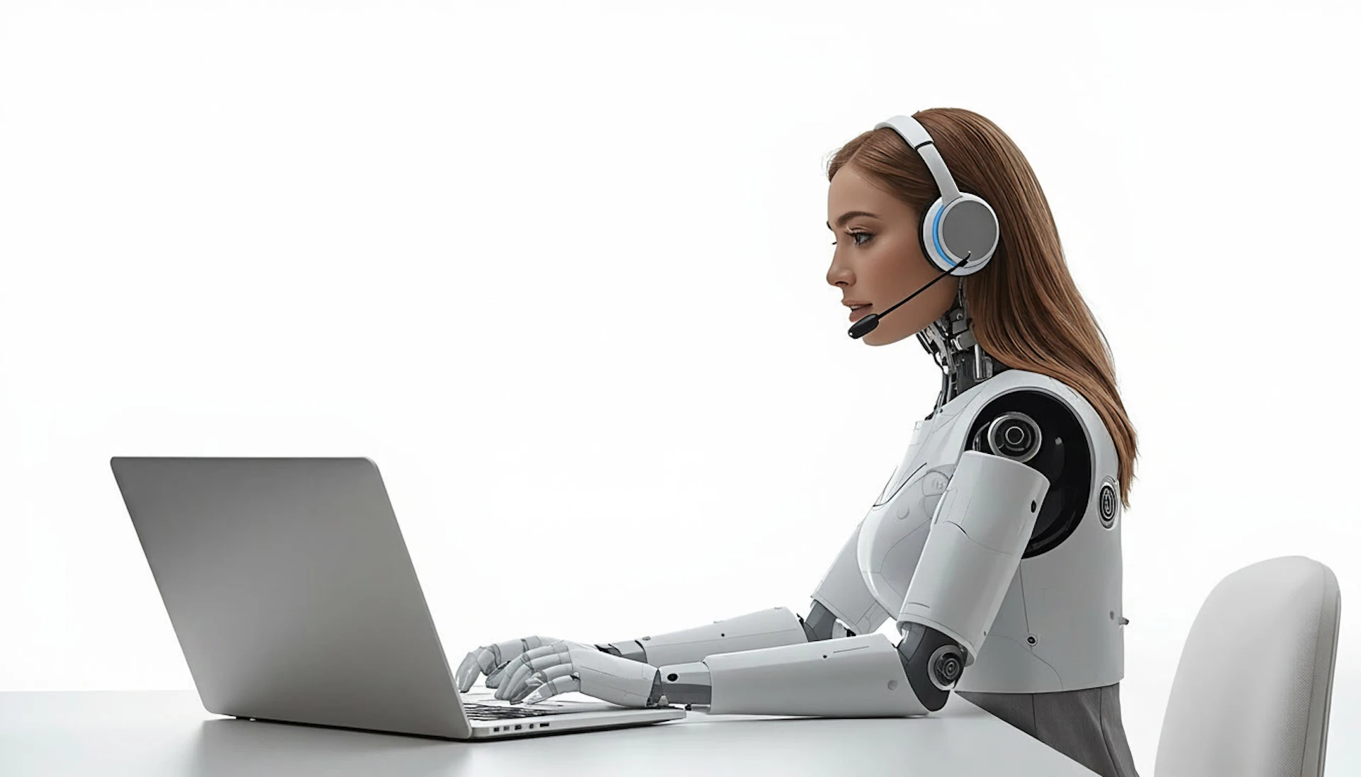 Ki-generierte Roboter-Frau mit menschlichem Kopf arbeitet mit Headset am Laptop - Sinnbild für Einsatz von KI im Kundenservice