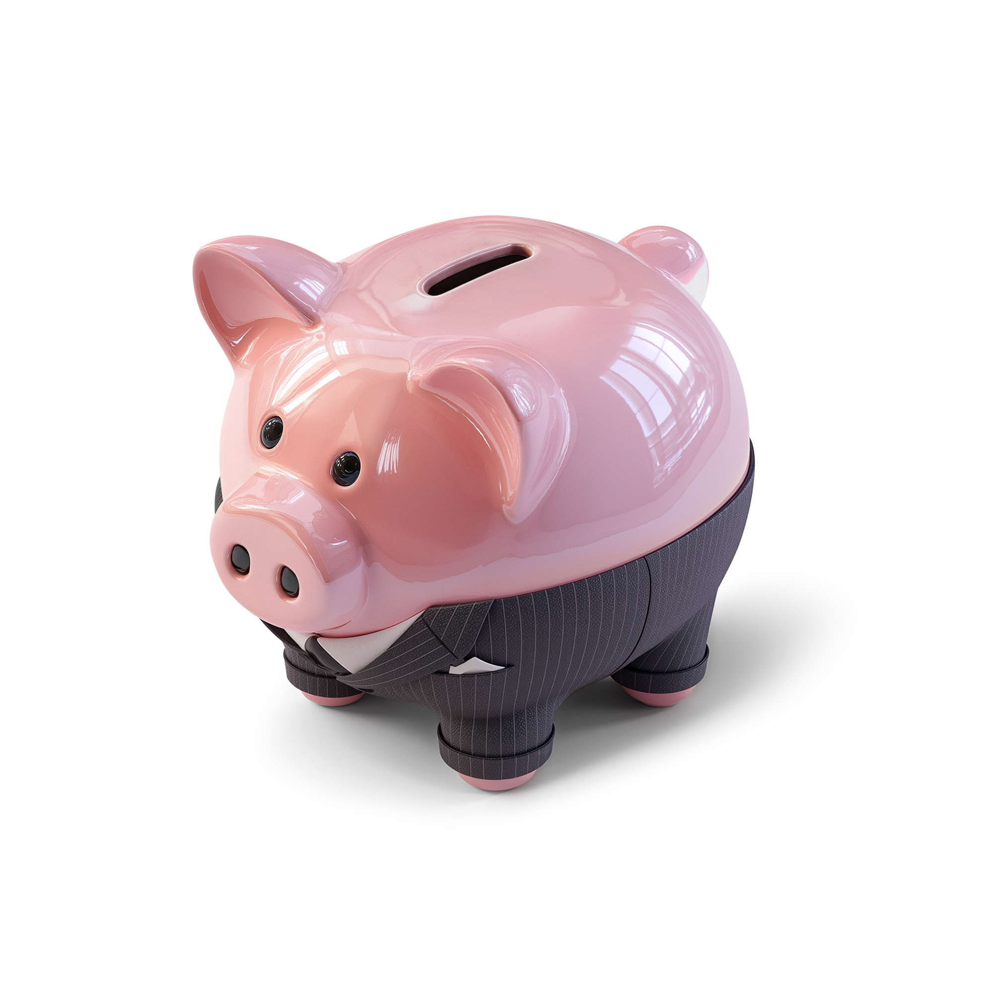 Rosa Sparschwein im Anzug symbolisiert fixsparen99 business.