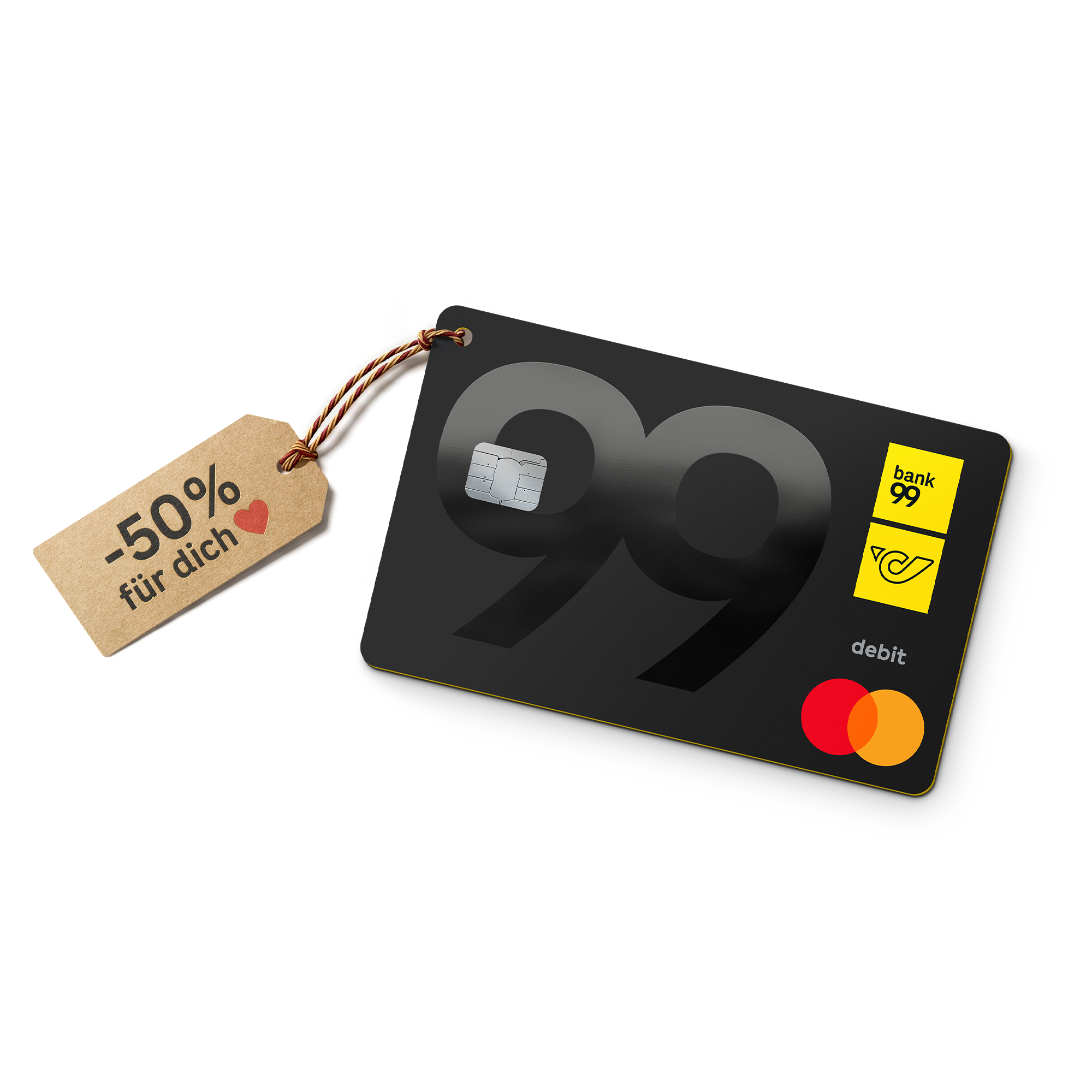 Schwarze bank99 Debitkarte und Anhänger mit Aufschrift „−50 % für dich“ an einer Schnur.