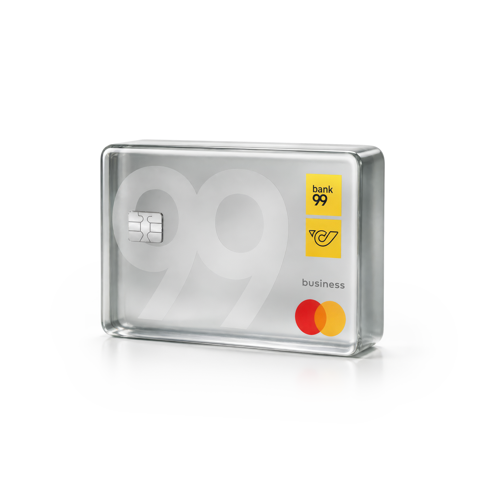bank99 Business Mastercard aus Glas mit Chip, bank99 Logo und Post Logo