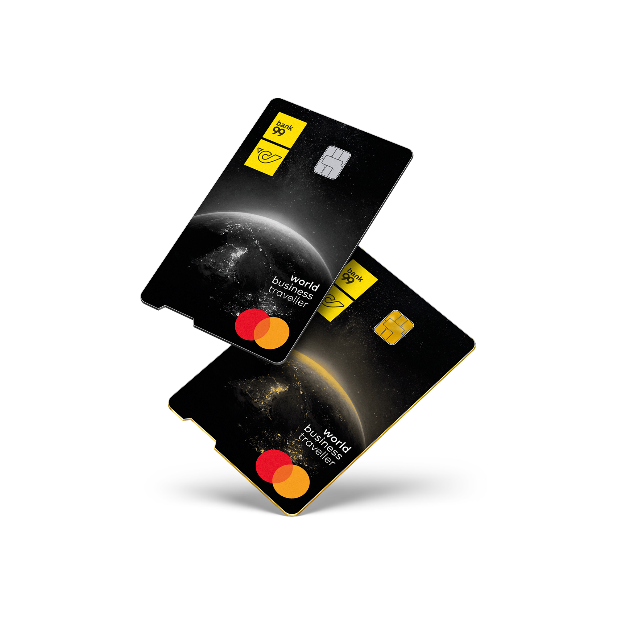Zwei bank99 Kreditkarten „World Business Traveller“ von Mastercard mit Weltmotiv und Chip.