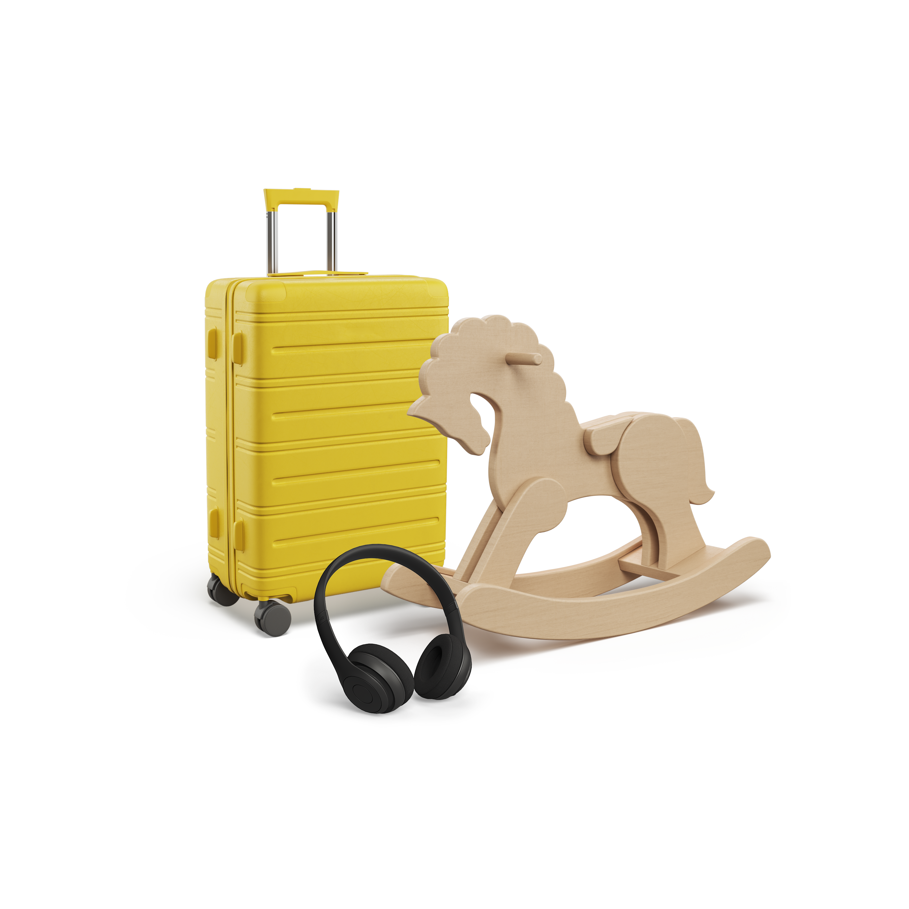 Ein gelber Koffer, Kopfhörer und ein Schaukelpferd.