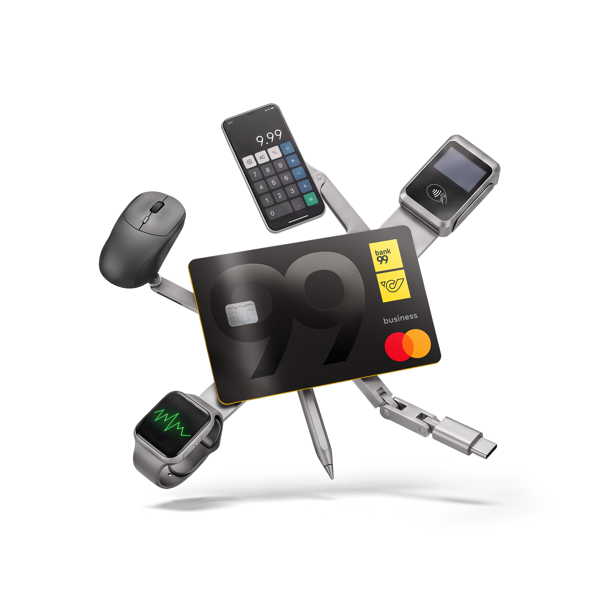 Schwarze bank99 Business Mastercard mit Chip, umgeben von Smartphone, Kartenleser, Smartwatch, Maus, Stift und USB-C-Stecker.