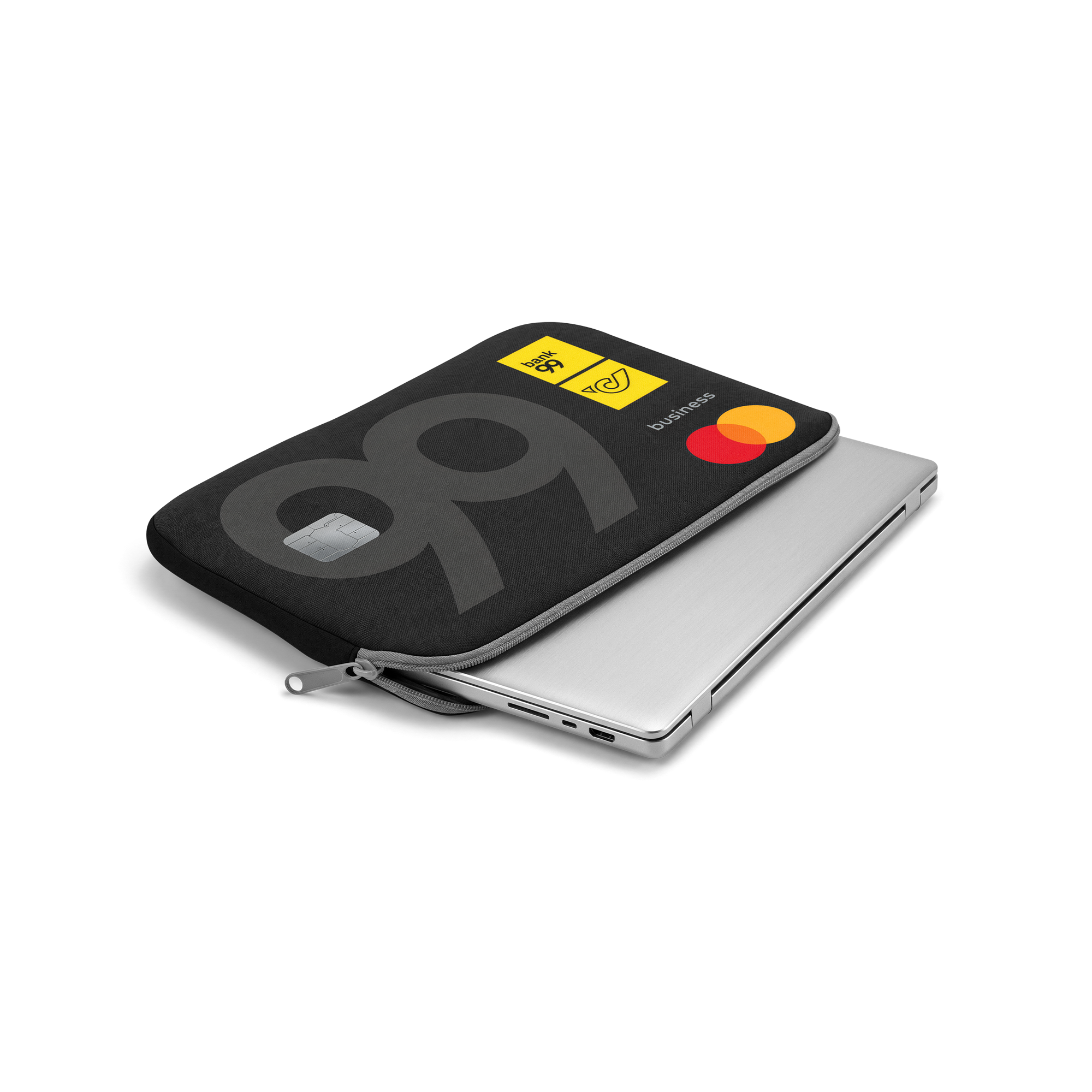 Schwarze bank99 Business Mastercard als Laptophülle, aus der ein silberner Laptop herausragt.