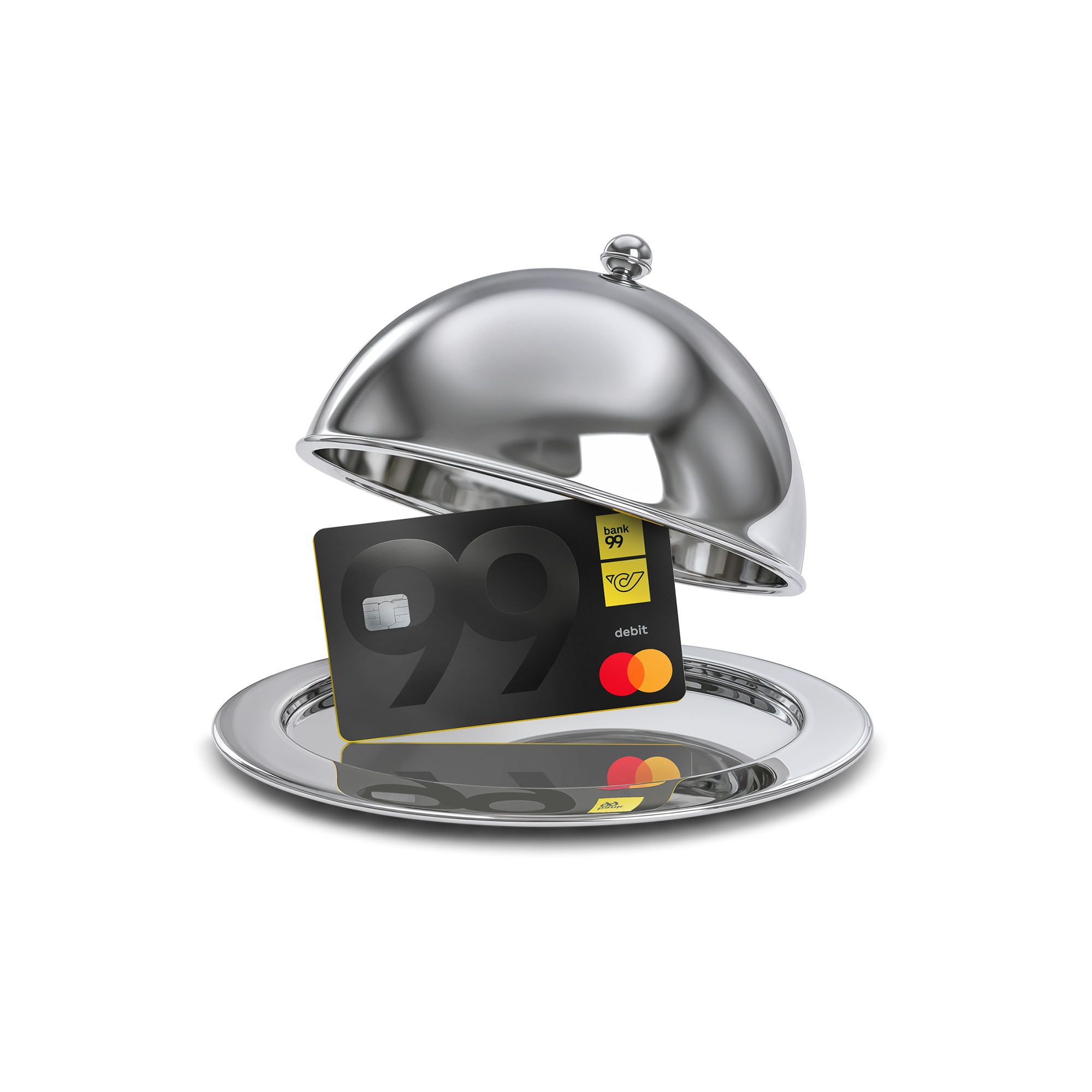 bank99 Debitkarte unter einer geöffneten Servierhaube als Symbol für Serviceleistungen.