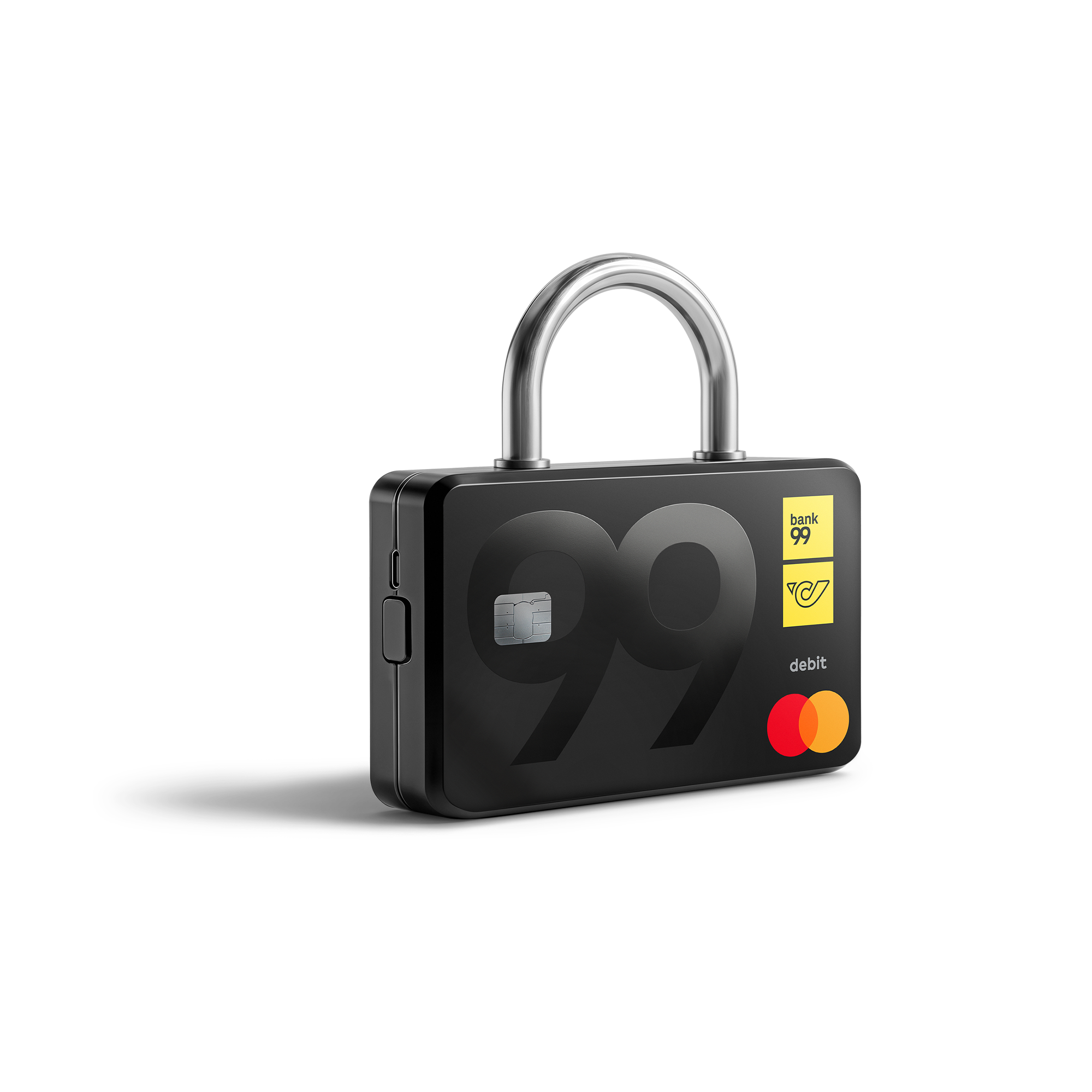bank99 Debitkarte in Form eines Vorhängeschlosses als Symbol für Sicherheit.