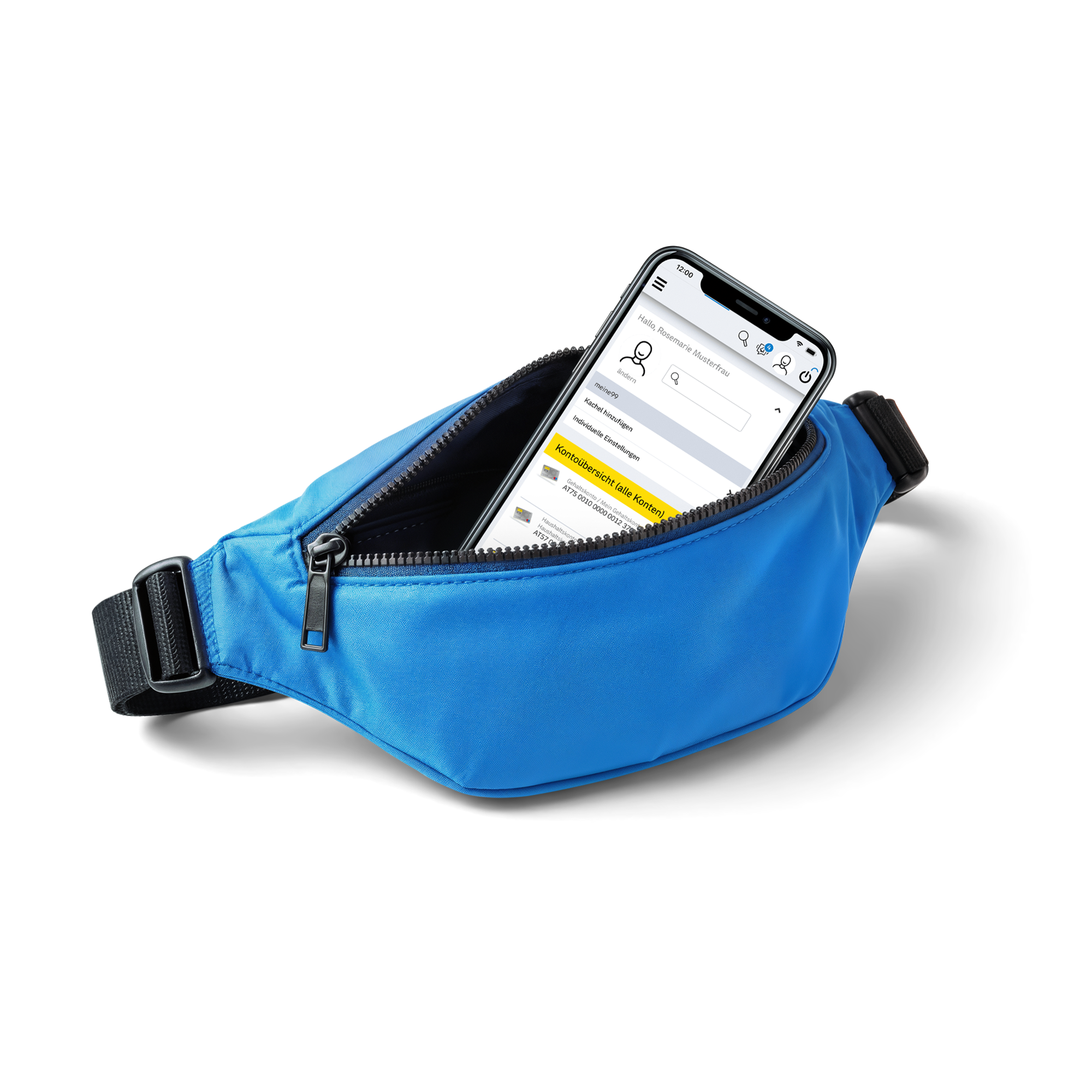 Smartphone mit Onlinebanking-App in einer geöffneten blauen Gürteltasche.