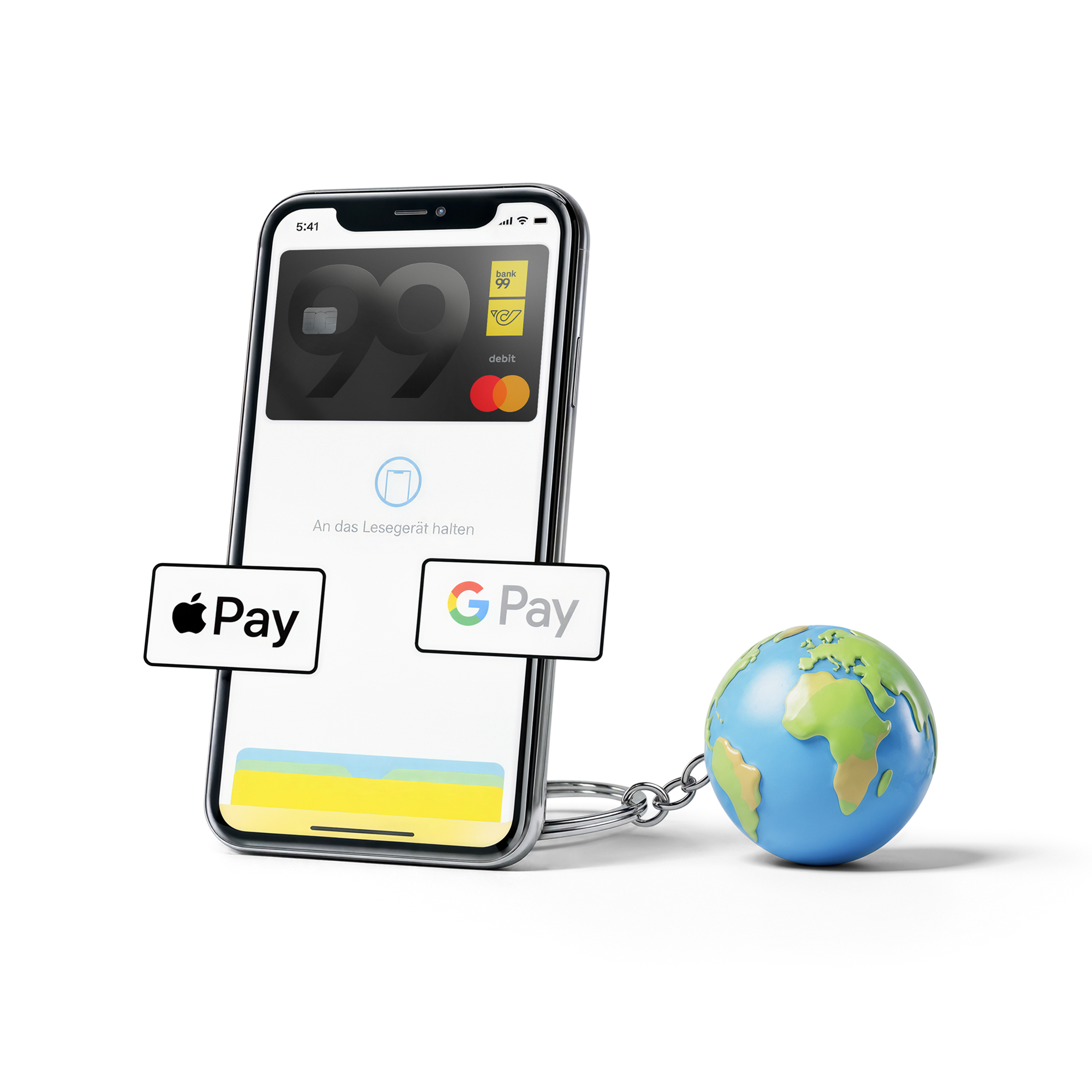 Smartphone mit digitaler bank99 Debitkarte und Mobile-Payment-Diensten für kontaktloses Bezahlen